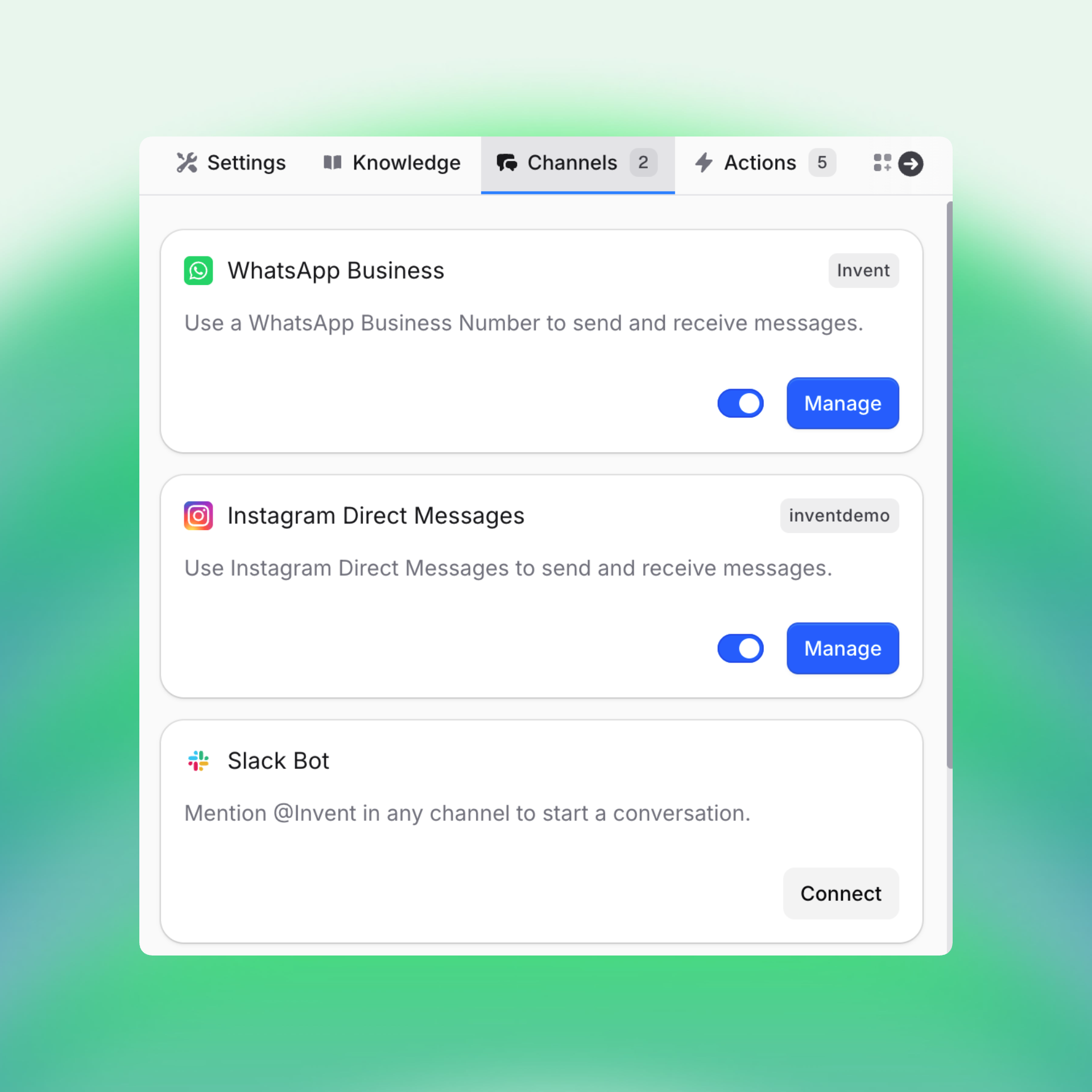 Screenshot of the "Channels" tab for Queens Hair Salon’s assistant. WhatsApp Business and Instagram Direct Messages are enabled, allowing messaging through both platforms, with "Manage" buttons active and blue toggles switched on. Slack Bot integration is also listed, with a "Connect" button but not yet enabled. The navigation bar includes Settings, Knowledge, Channels, and Actions.