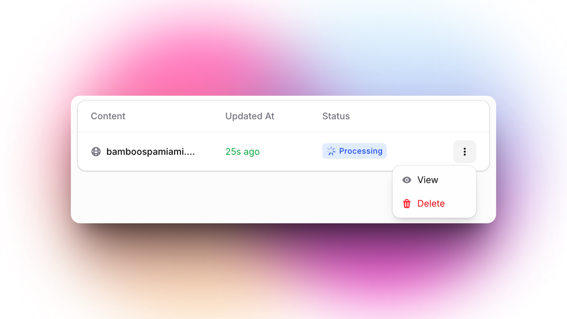 A table row summary for a recently added website knowledge source. The content column shows "bamboospamiami…", updated 25 seconds ago, with the status displayed as "Processing" in blue. A menu is open with options to "View" or "Delete" the entry.