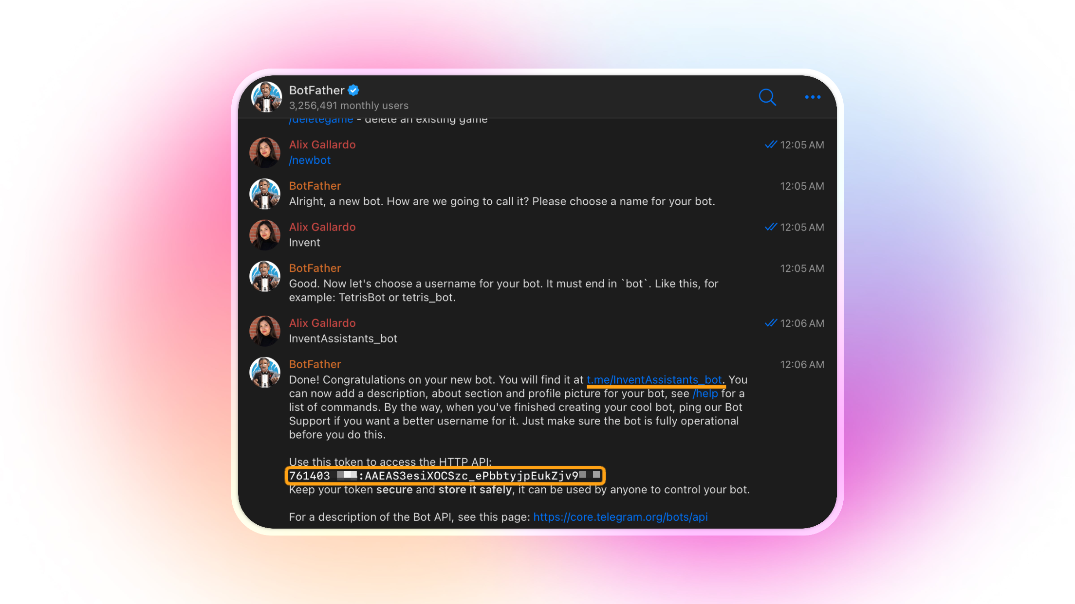Screenshot of a Telegram chat between a user (Alix Gallardo) and BotFather, where a new bot called "InventAssistants_bot" is being created. The conversation includes steps for naming the bot and choosing a username. BotFather responds with a congratulatory message and provides a highlighted API token for bot access, reminding the user to keep the token secure.