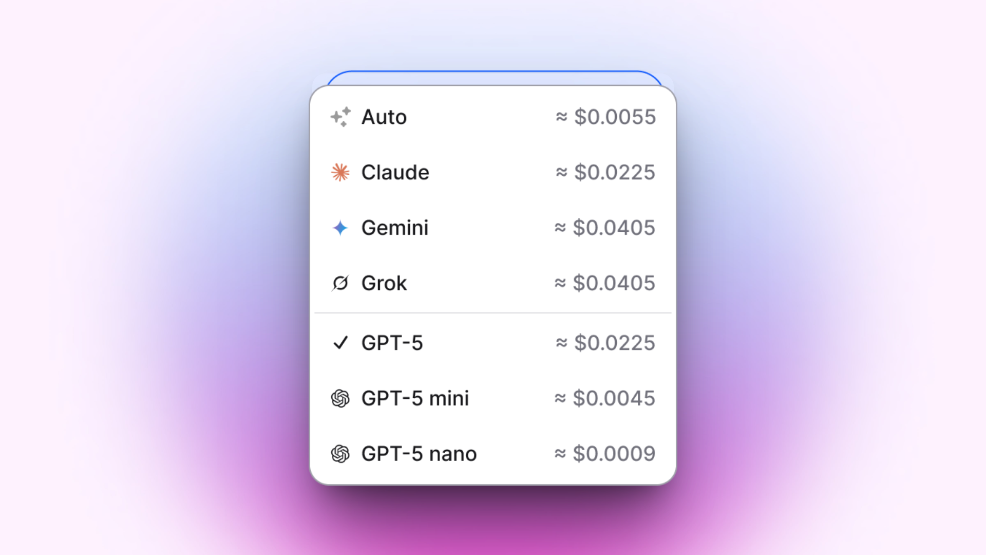  A rounded rectangle interface from useinvent.com showing AI model pricing comparison. List includes: Auto ($0.0055), Claude ($0.0225), Gemini ($0.0405), Grok ($0.0405), GPT-5 ($0.0225), GPT-5 mini ($0.0045), and GPT-5 nano ($0.0009). Each model has a distinctive icon - Auto has crossed arrows, Claude has a star burst, Gemini has a diamond, Grok has a circular arrow, GPT-5 has a checkmark, and GPT-5 variants have swirl icons. Prices are displayed in gray text with tilde symbols indicating approximate costs.