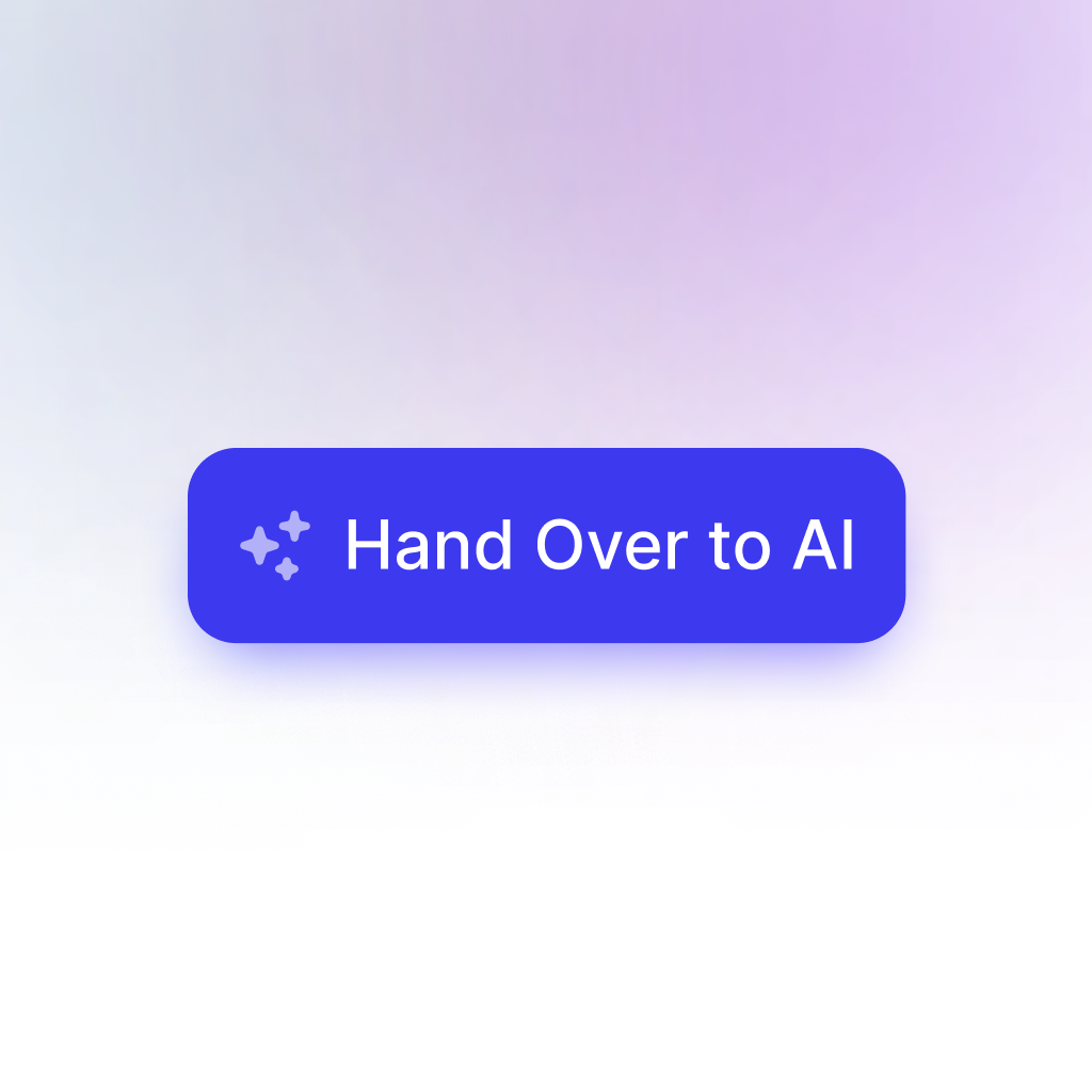 A blue rounded button with sparkles icon and the text "Hand Over to AI" front Invent's Assistants on a soft pastel gradient background.