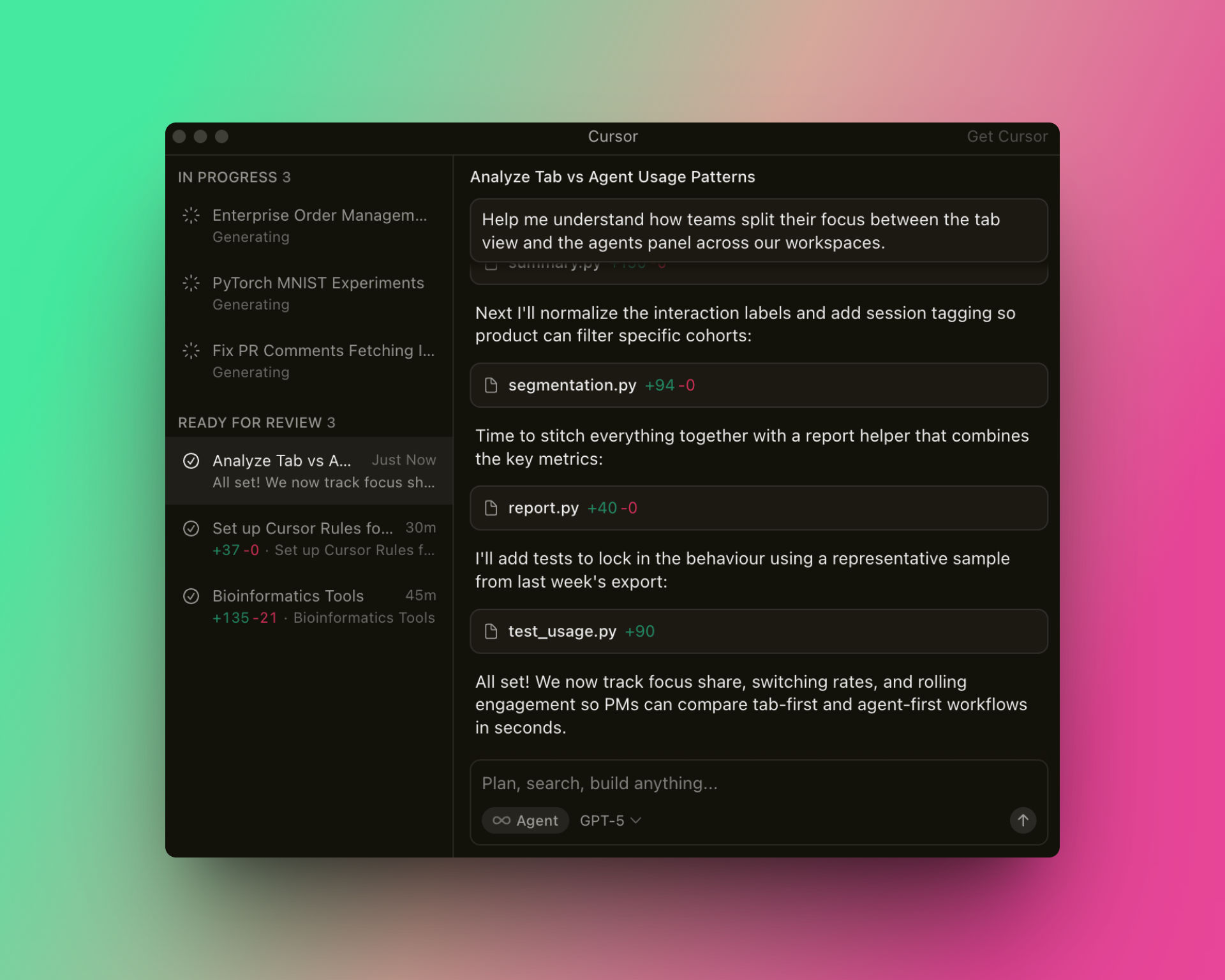 A dark-mode screen from the Cursor code editor, showing a split view: the left panel lists tasks under "In Progress" and "Ready for Review," with status and timestamps. The right panel details the task "Analyze Tab vs Agent Usage Patterns," including code file changes and commentary about tracking usage metrics. Code files like segmentation.py, report.py, and test_usage.py are shown with green and red diff counts.