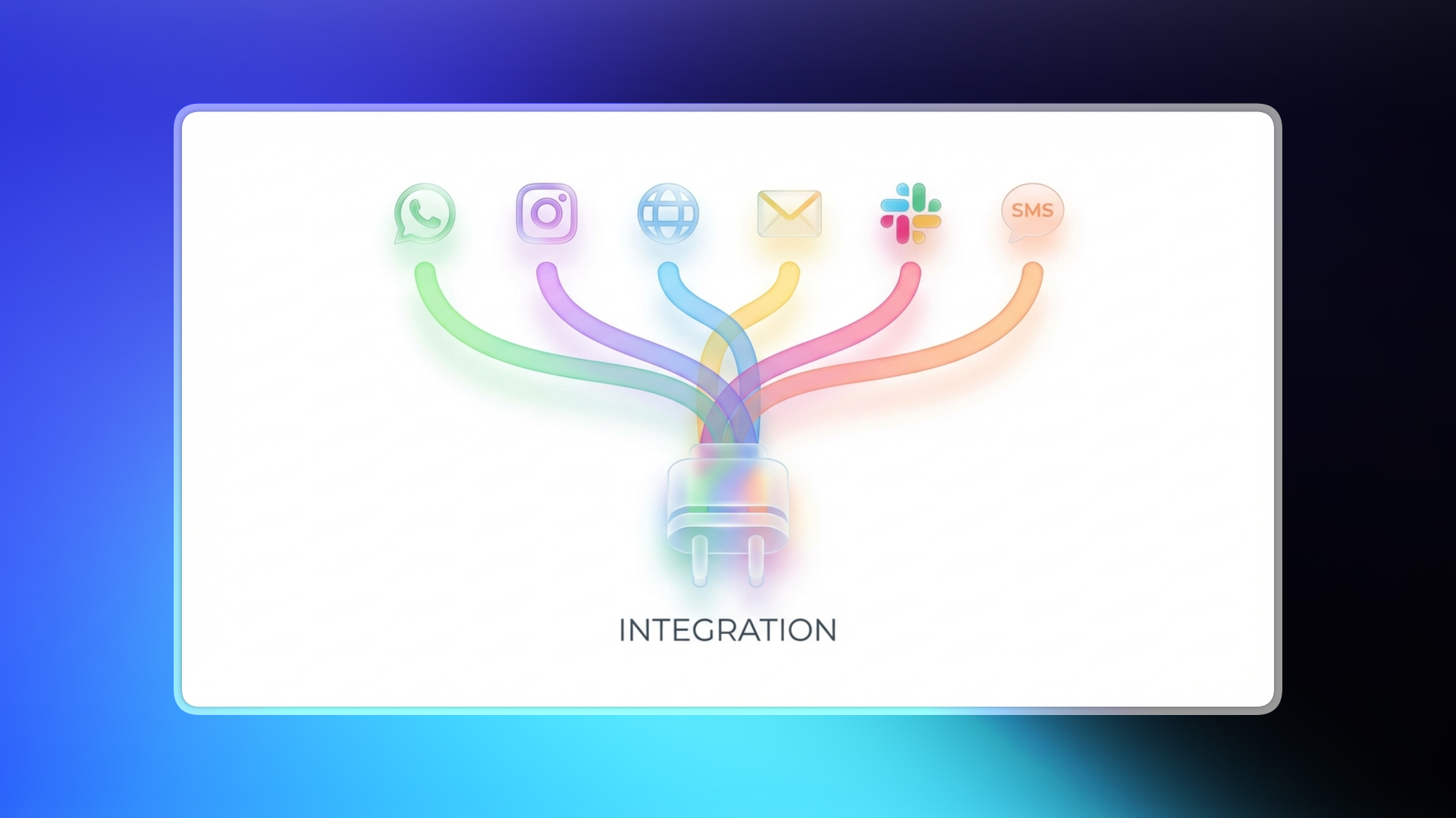Modern minimalistic illustration showing six glowing gradient lines, each with an icon (WhatsApp, Instagram, Web, Email, Slack, SMS), merging into a glassy plug labeled "INTEGRATION" on a clean white background.