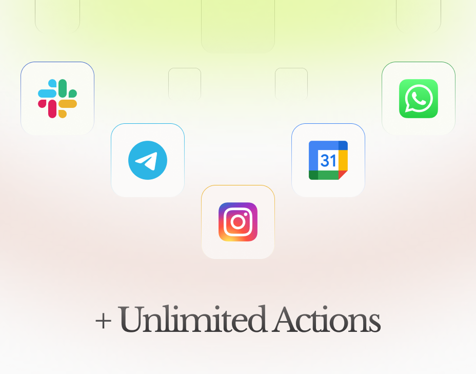 Icons for Slack, Telegram, Instagram, Google Calendar, and WhatsApp are displayed on a light gradient background above the text: "+ Unlimited Actions".