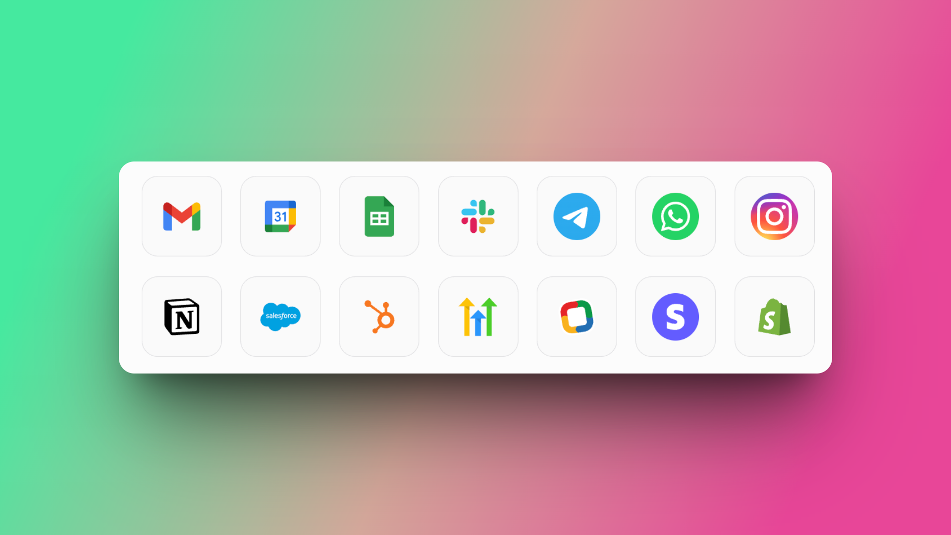 A grid of 14 rounded-square icons representing various popular integrations and platforms. The icons include Gmail, Google Calendar, Google Sheets, Slack, Telegram, WhatsApp, Instagram, Notion, Salesforce, HubSpot, an upward arrows integration, another multi-color app, Stripe, and Shopify.