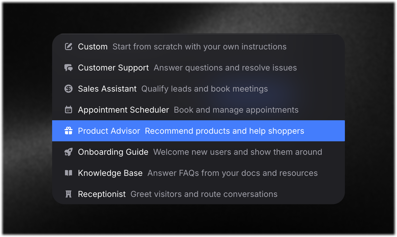 Invent template selection menu for AI assistants. Options shown include: Custom (start from scratch), Customer Support, Sales Assistant, Appointment Scheduler, Product Advisor (highlighted in blue), Onboarding Guide, Knowledge Base, and Receptionist. Each template includes a brief description, demonstrating the versatility and breadth of assistant roles available on useinvent.com’s platform. Dark, modern UI.