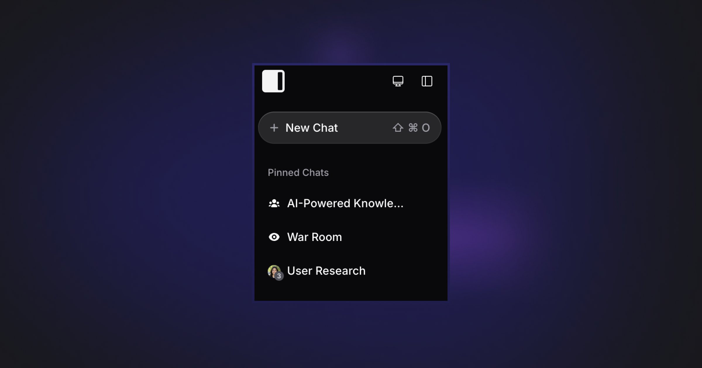 Invent AI chat dashboard showing a dark-themed interface with options for starting a new chat and viewing pinned collaborative chat rooms, including AI-Powered Knowledge, War Room, and User Research.