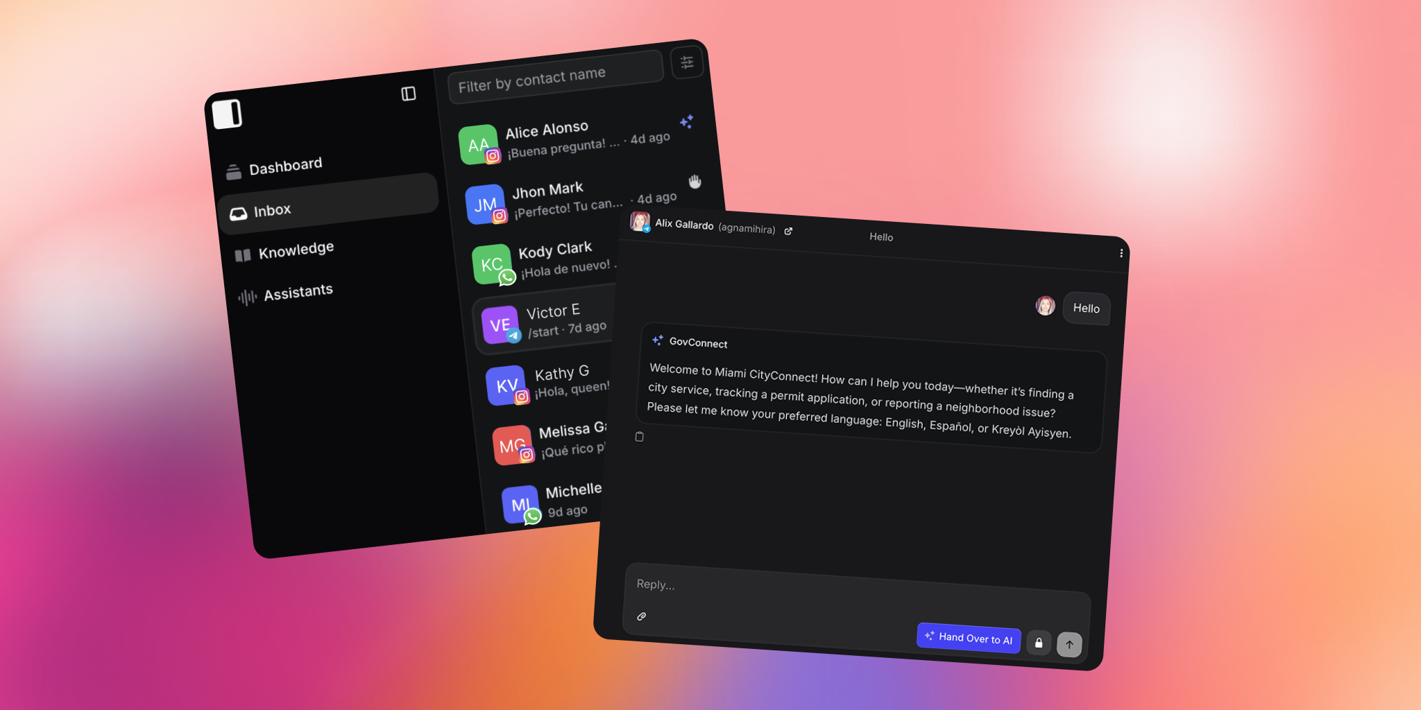 Two overlapping app interface windows are displayed on a vibrant pink-orange gradient background. The left window shows a chat inbox with a sidebar menu including "Dashboard," "Inbox," "Knowledge," and "Assistants." Several contact profiles, each with colored avatars and snippets of conversation, appear in the inbox list. The right window reveals a chat with a user named Alix Gallardo; the bot "GovConnect" welcomes the user to Miami CityConnect and offers help in English, Spanish, or Haitian Creole for city services and issues. The overall aesthetic is modern and user-friendly dashboard from useinvent.com