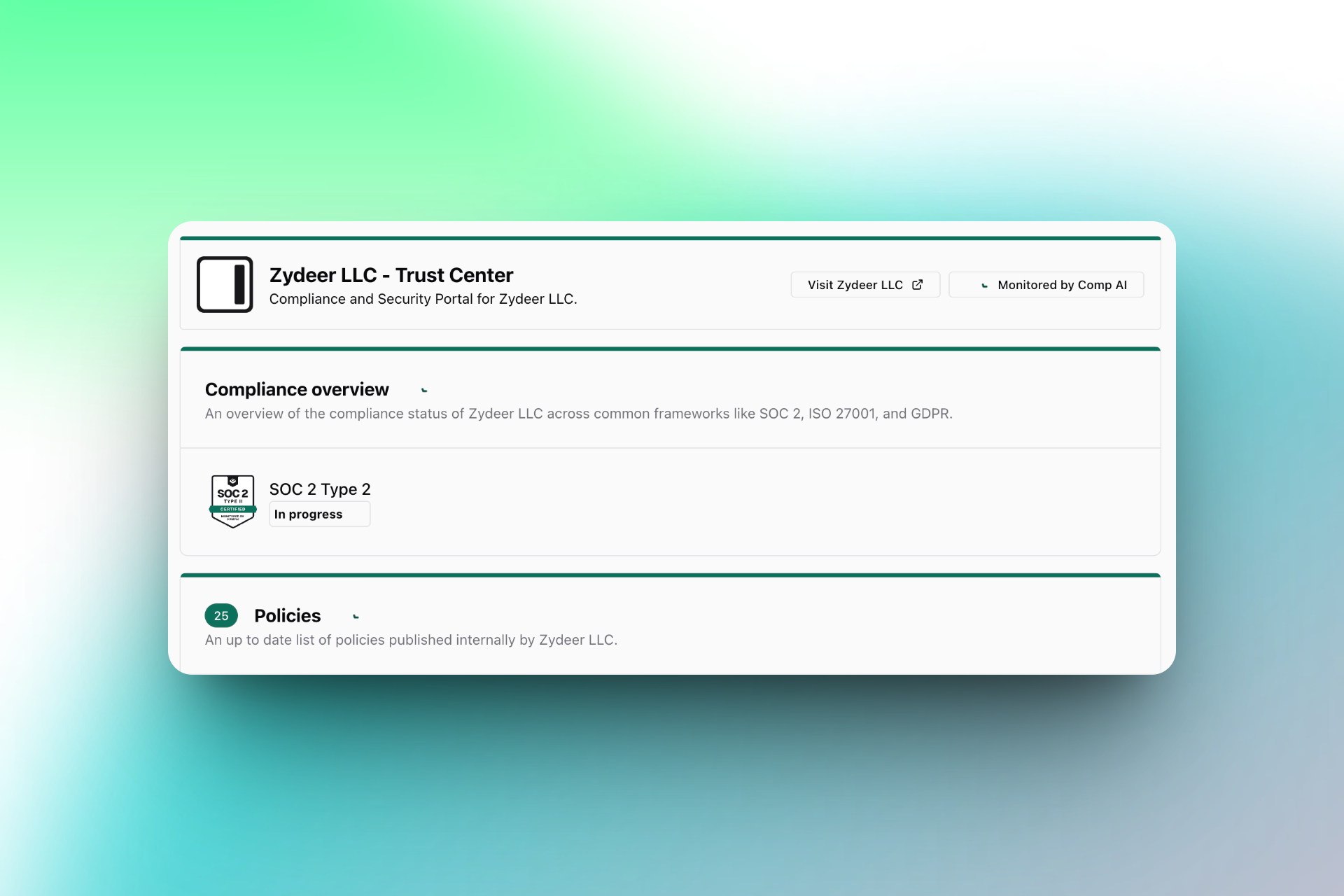 A compliance dashboard for Zydeer LLC’s Trust Center. The page includes a heading with the company name, a brief description ("Compliance and Security Portal for Zydeer LLC"), and buttons to "Visit Zydeer LLC" and show monitoring by "Comp AI." Below, a section titled "Compliance overview" explains Zydeer's status across frameworks like SOC 2, ISO 27001, and GDPR. A badge indicates "SOC 2 Type 2" is in progress. Another section labeled "Policies" states there are 25 up-to-date internal policies listed for Zydeer LLC. The design uses green accents on a light background.