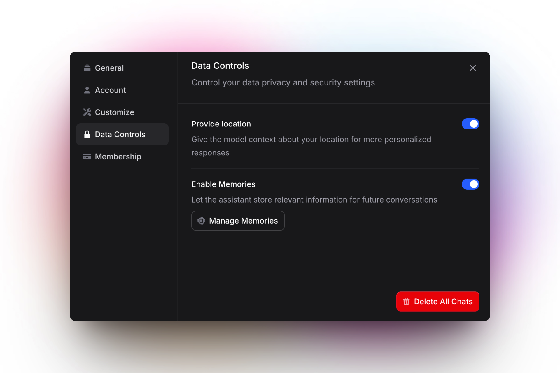 Screenshot of the "Data Controls" section in a user settings menu. The user can toggle on/off the options to "Provide location" and "Enable Memories." The "Enable Memories" section includes a "Manage Memories" button, allowing users to view or edit stored information. There is also a red "Delete All Chats" button in the corner. The left sidebar includes navigation for General, Account, Customize, Data Controls, and Membership.