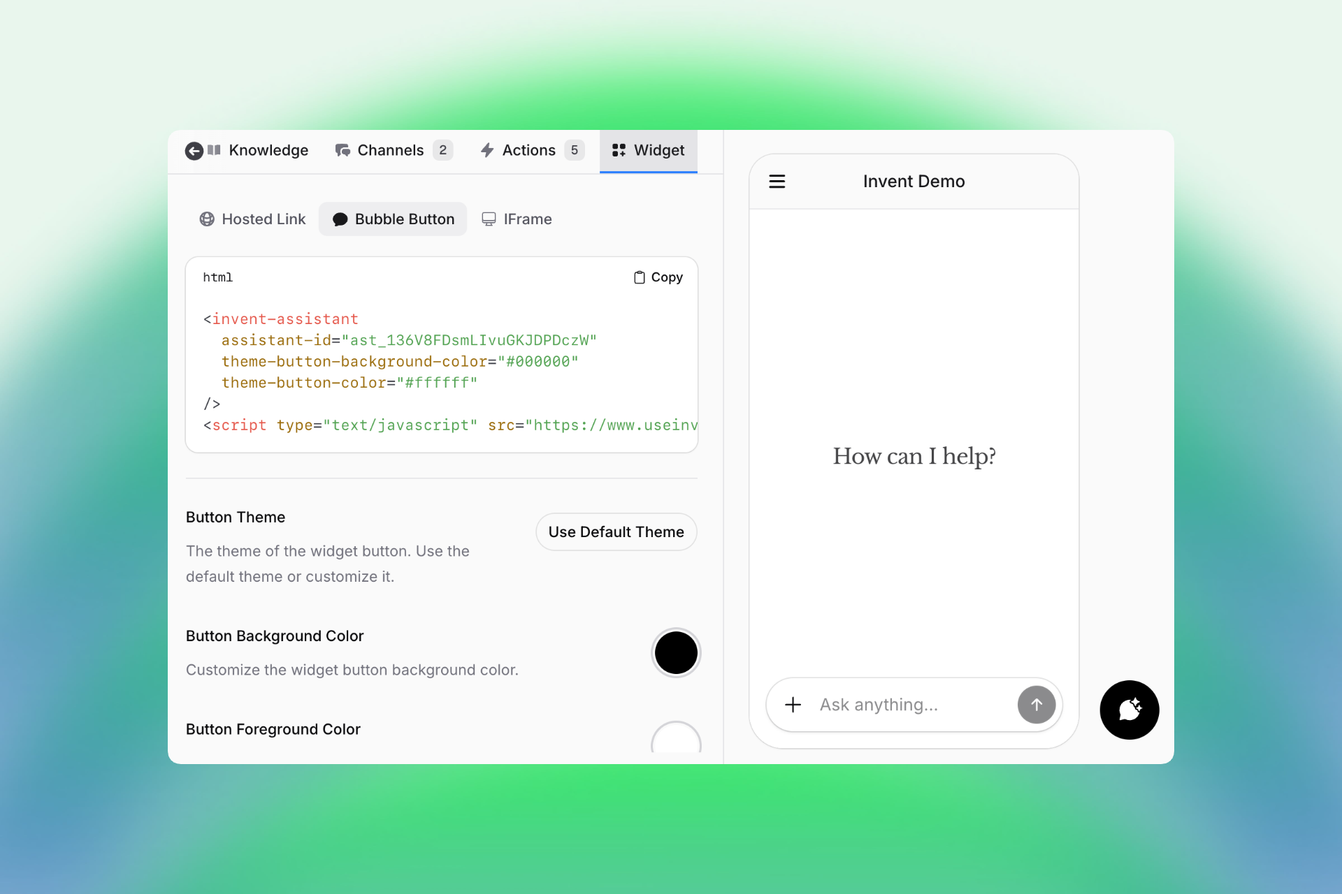 Screenshot of the "Widget" tab in the Invent Demo assistant settings. The left side displays code for integrating a chat assistant bubble button, including theme color options (black background, white text) and customization fields for button color. The right side shows a live preview of the chat widget, with a welcome message "How can I help?" and a customizable chat bubble button in the bottom right. Navigation tabs above include Knowledge, Channels, Actions, and Widget.