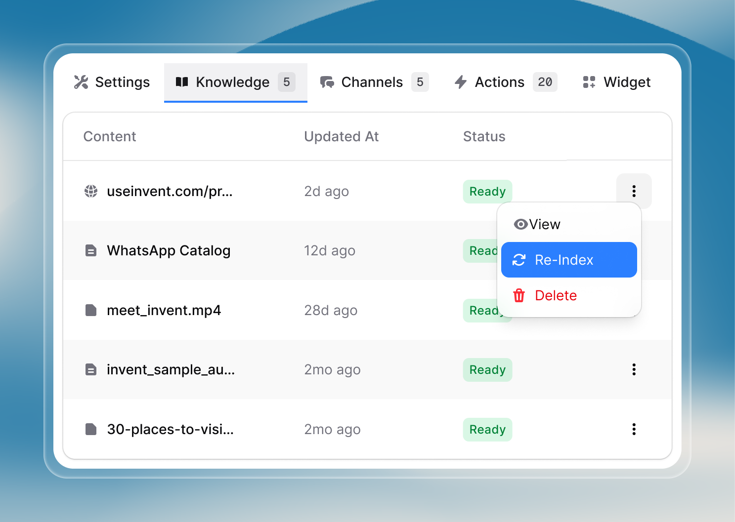 A sleek dashboard interface highlights the "Knowledge" tab, showing a list of content sources with icons for website, document, video, and audio file types. Each entry displays the file name, how long ago it was updated (e.g., "2d ago," "12d ago"), and its current status as "Ready." A contextual menu (three dots) offers options to view, re-index, or delete files. The UI features soft blue gradients and rounded corners for a modern look.