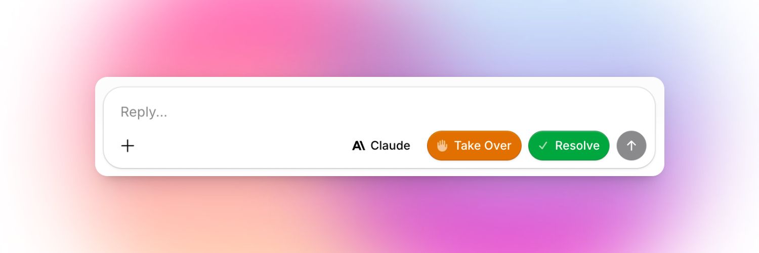 A chat reply input bar with a placeholder "Reply..." on the left. Below is an "AI Claude" label indicating the current AI assistant. To the right are three buttons: an orange "Take Over" button with a hand icon, a green "Resolve" button with a checkmark, and a gray up-arrow (send) button.