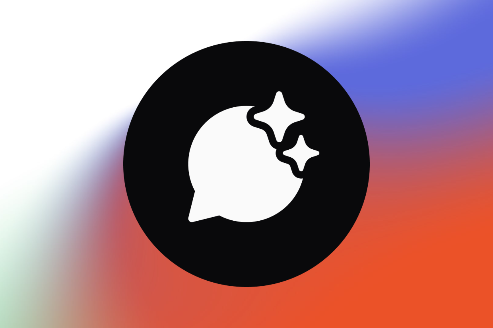 A large black circle features a white chat bubble icon with two sparkling stars, representing the Invent assistant logo. The background is a smooth gradient blending from white to blue, purple, and orange.