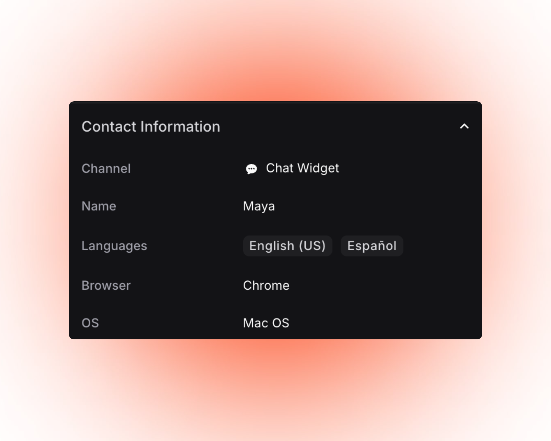 Contact information panel in a dark-themed interface showing details for a user named Maya, including channel “Chat Widget,” languages “English (US)” and “Español,” browser “Chrome,” and OS “Mac OS.”
