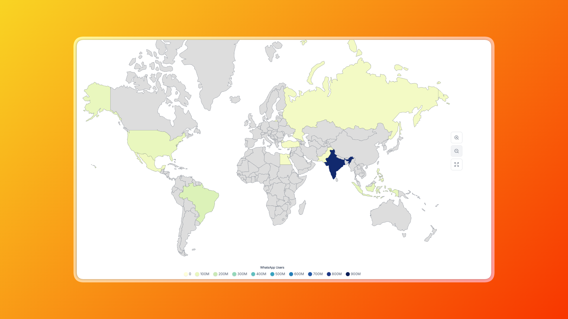 World map showing the number of WhatsApp users by country. India is highlighted as the country with the largest user base (around 500 million+), followed by countries including Brazil, the United States, Russia, and others with significant numbers of users. Lighter green to dark blue indicates increasing user counts, with dark blue (India) representing the highest.