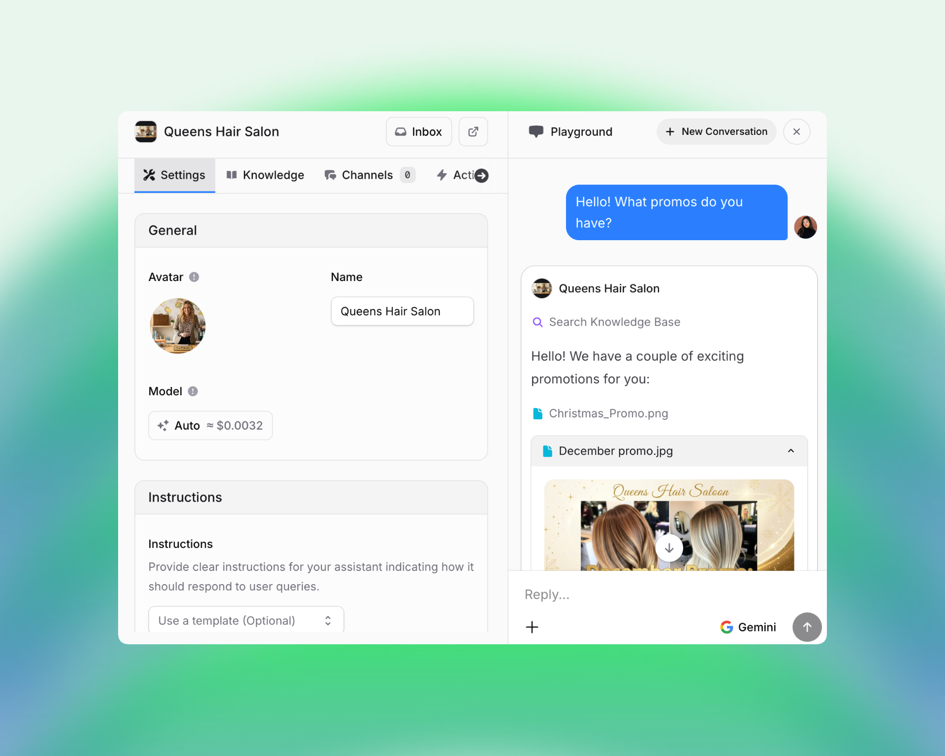 Screenshot showing the Queens Hair Salon assistant’s settings (avatar, name, model, instructions) on the left, and on the right, a chat conversation where the assistant replies to a promo inquiry by listing available promotions and sharing "Christmas_Promo.png" and "December promo.jpg" files with preview.