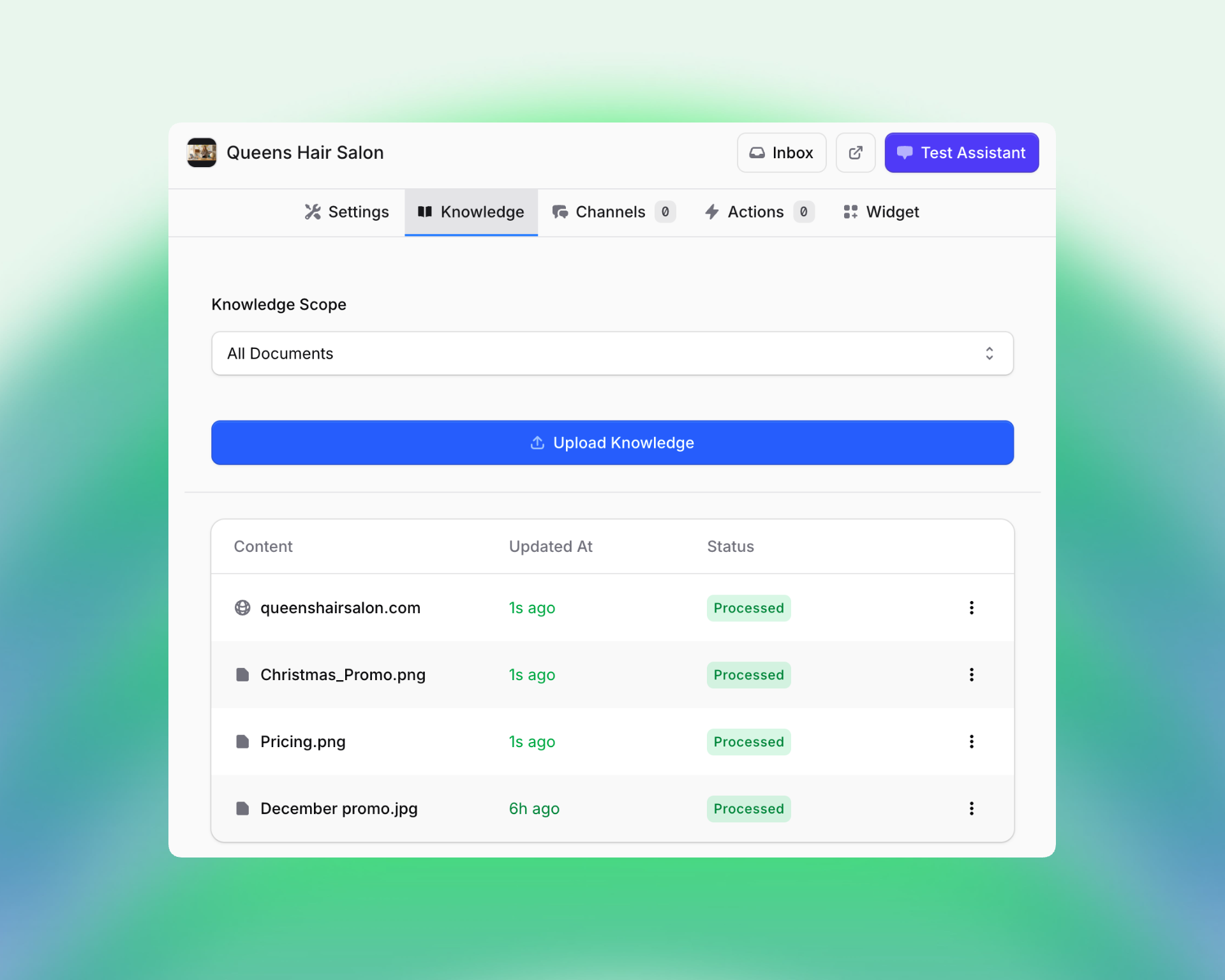 Screenshot of the "Knowledge" tab in the Queens Hair Salon assistant settings on Invent. Shows a list of uploaded content (website, promo images, pricing), each marked as "Processed," along with last updated times and a blue "Upload Knowledge" button. Tabs for Settings, Channels, Actions, and Widget are also visible.