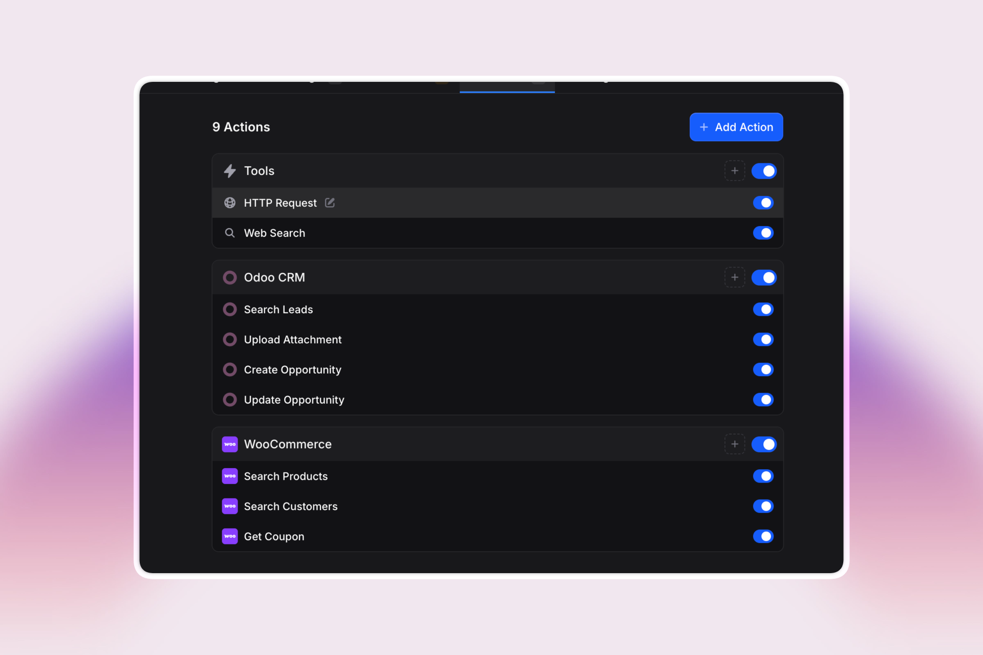 A dashboard interface in Invent shows a list of 9 actions organized by category, such as Tools, Odoo CRM, and WooCommerce. Actions include options like HTTP Request, Web Search, Search Leads, Upload Attachment, Create/Update Opportunity, Search Products, Search Customers, and Get Coupon. Each action has a toggle switch to enable or disable it, and a blue “Add Action” button appears at the top right. The UI uses a dark theme with purple and blue accents.