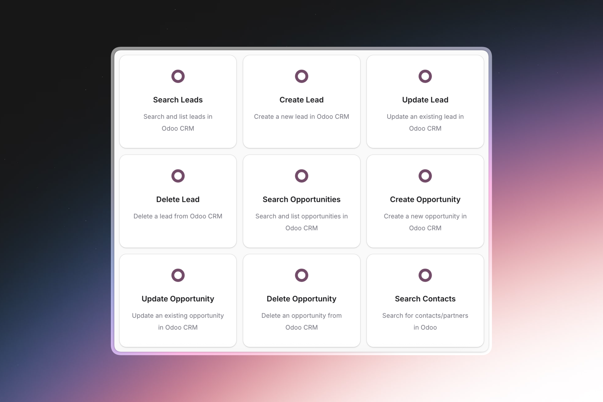 Options d’intégration native Odoo dans Invent, avec des boutons pour rechercher, créer, mettre à jour et supprimer des leads et des opportunités, ainsi que rechercher des contacts dans Odoo CRM.