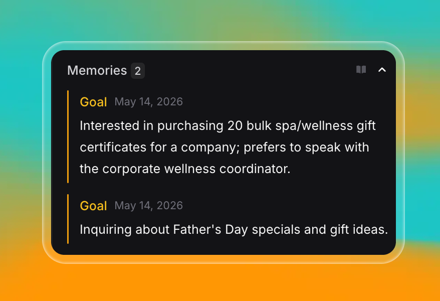 Un panel de interfaz en tema oscuro titulado "Memories" muestra objetivos almacenados del cliente: 1) Interés en comprar 20 certificados de regalo de spa/bienestar al por mayor para una empresa, con preferencia por hablar con el coordinador de bienestar corporativo; 2) Consulta sobre promociones del Día del Padre e ideas de regalo. La tarjeta incluye fechas y un estado “Goal” claramente etiquetado, lo que indica intenciones clave y contexto para cualquier transferencia entre humanos o IA.