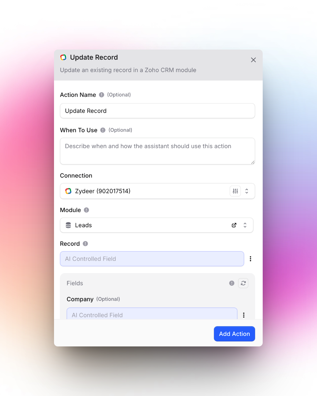 Screenshot from Invent Assistants of an "Update Record" action configuration screen for Zoho CRM in the Invent platform. The form allows you to customize the action name, specify when to use it, choose a connected Zoho CRM account (Zydeer), select the module (Leads), specify the record, and set fields like Company. The interface is clean and modern, with a prominent "Add Action" button at the bottom.