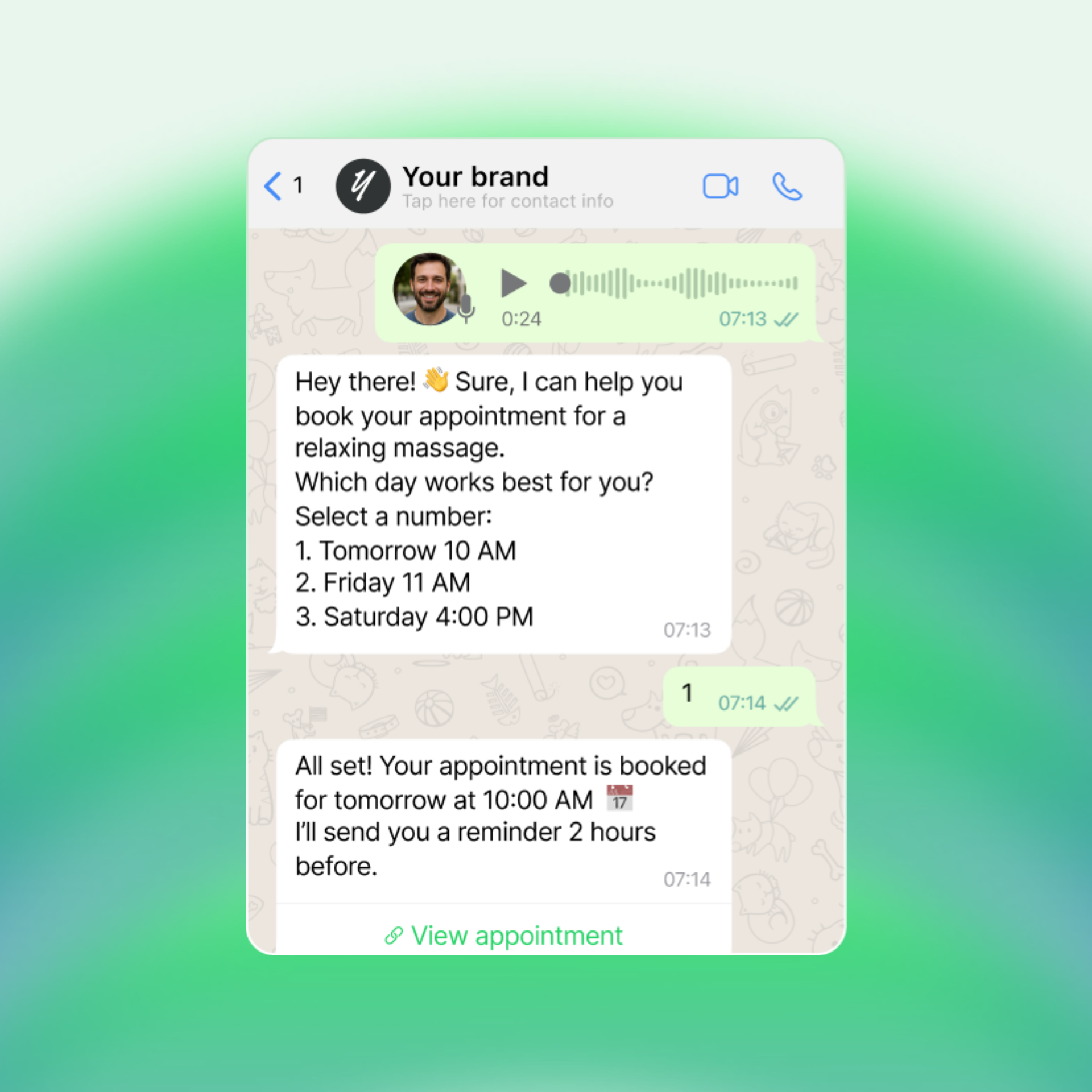 Screenshot of a WhatsApp conversation where a brand’s automated chat helps a customer book a relaxing massage. The chat offers three time slots, the customer selects "1," and the system confirms the appointment for tomorrow at 10:00 AM, promising a reminder two hours before.