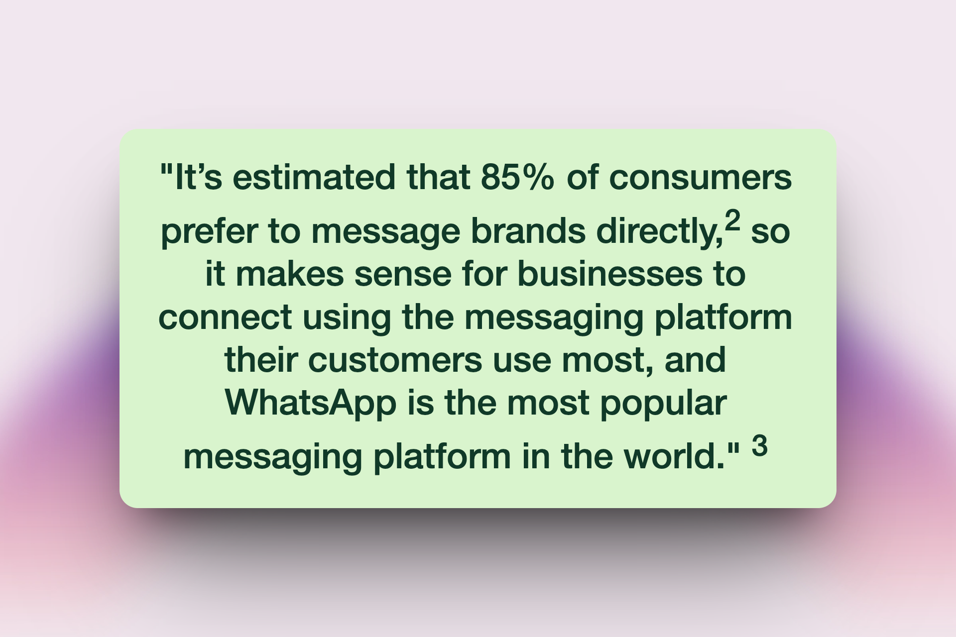 It's estimated that 85% of consumers prefer to message brands directly, so it makes sense for businesses to connect using the messaging platform their customers use most, and WhatsApp is the most popular messaging platform in the world.