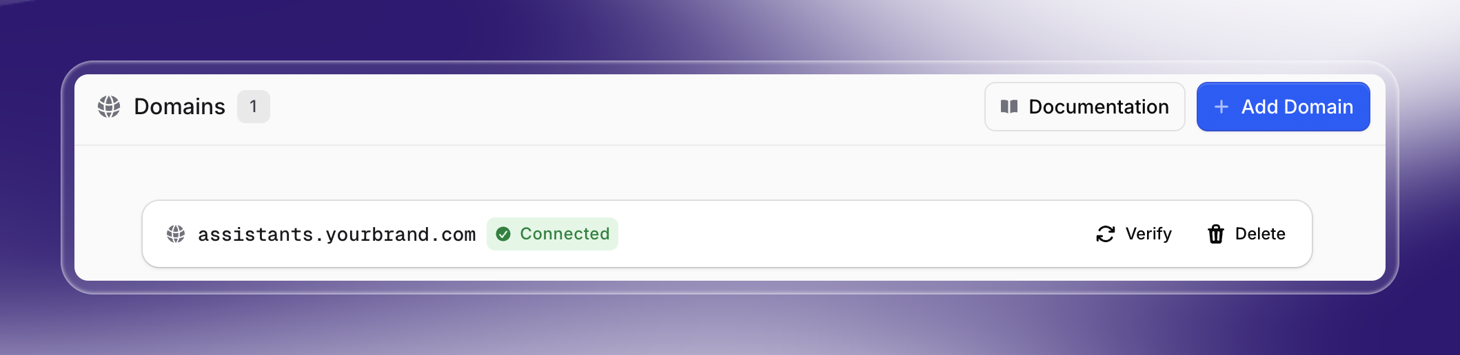 Screenshot of the "Domains" management page in Invent. It shows the domain “assistants.yourbrand.com” with a green "Connected" status, alongside options to verify or delete the domain.