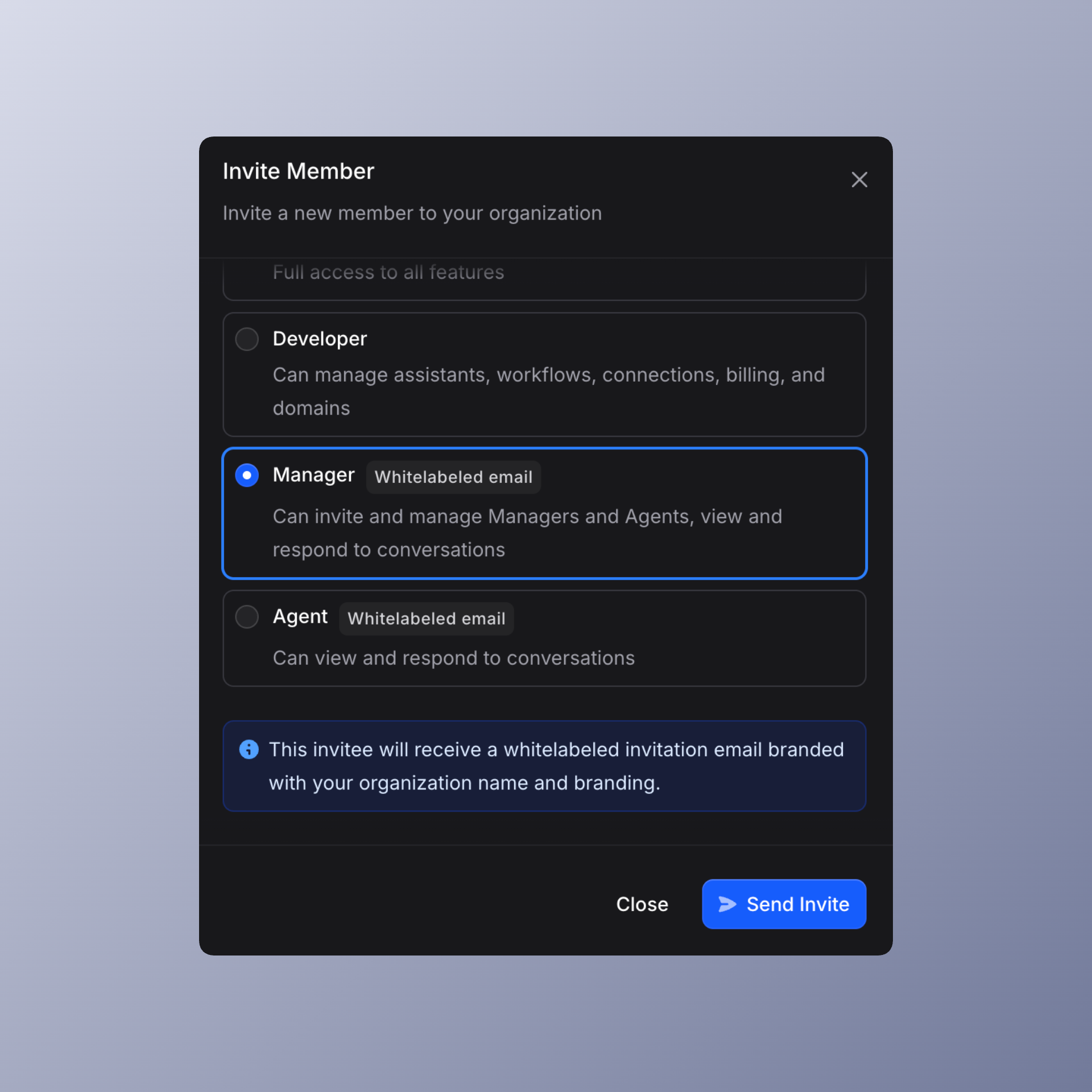 Screenshot of the "Invite Member" screen in Invent, displaying selectable role options (Developer, Manager, Agent) and indicating that invitees will receive a white-labeled email with the organization's name and branding. The "Send Invite" button is shown at the bottom.