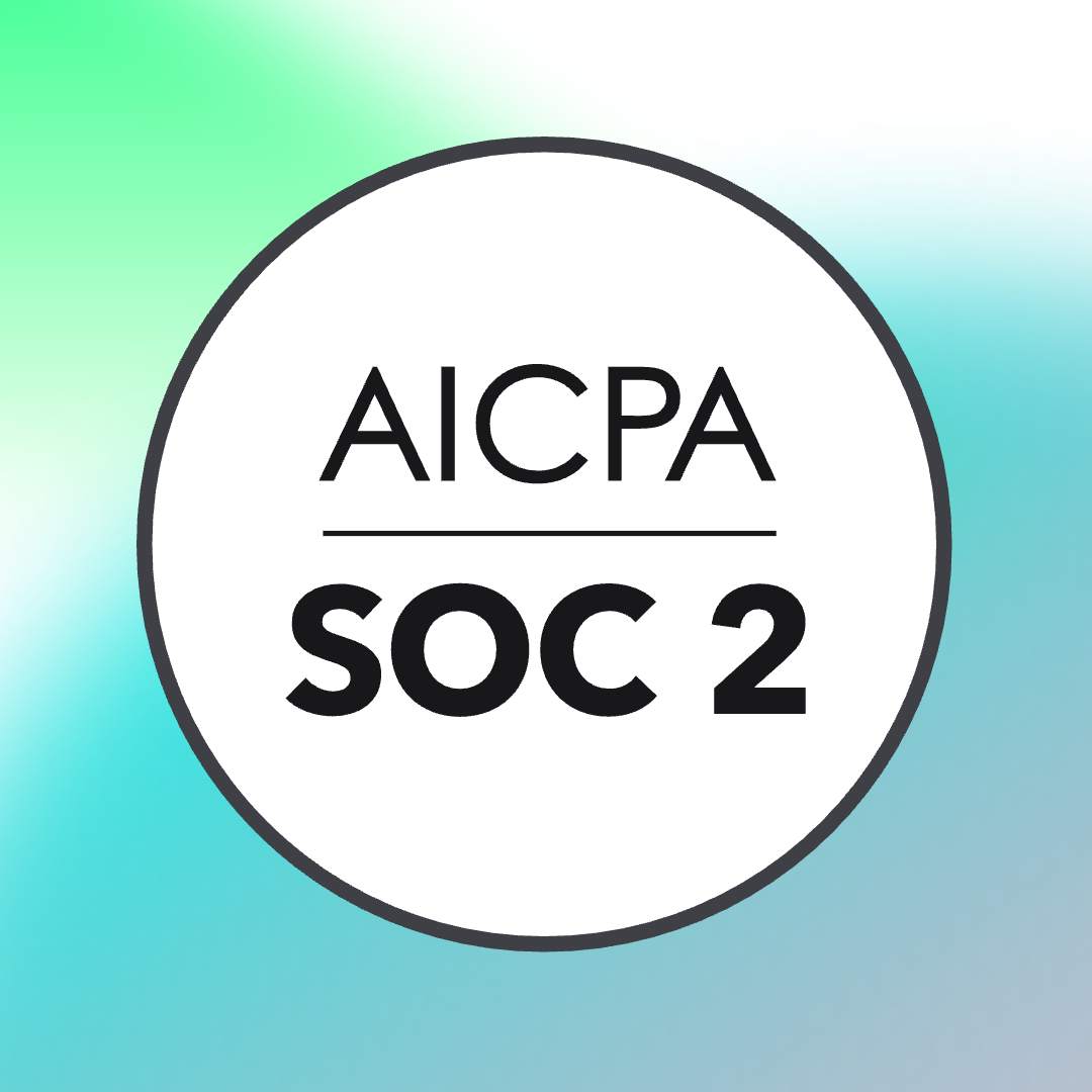 A round badge with a soft green and blue gradient background. In the center, bold black text reads "AICPA SOC 2" inside a black circle outline.