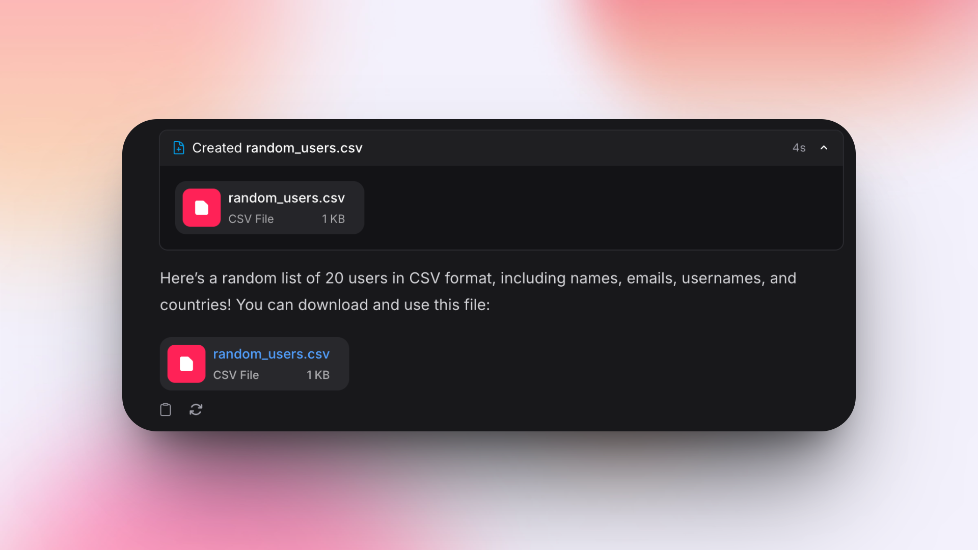 A dark-themed Invent's interface displays a notification that a file named "random_users.csv" (CSV file, 1 KB) has been created. Below, it states: "Here’s a random list of 20 users in CSV format, including names, emails, usernames, and countries! You can download and use this file:" followed by a button to download "random_users.csv." There are also icons for copying and refreshing at the bottom.
