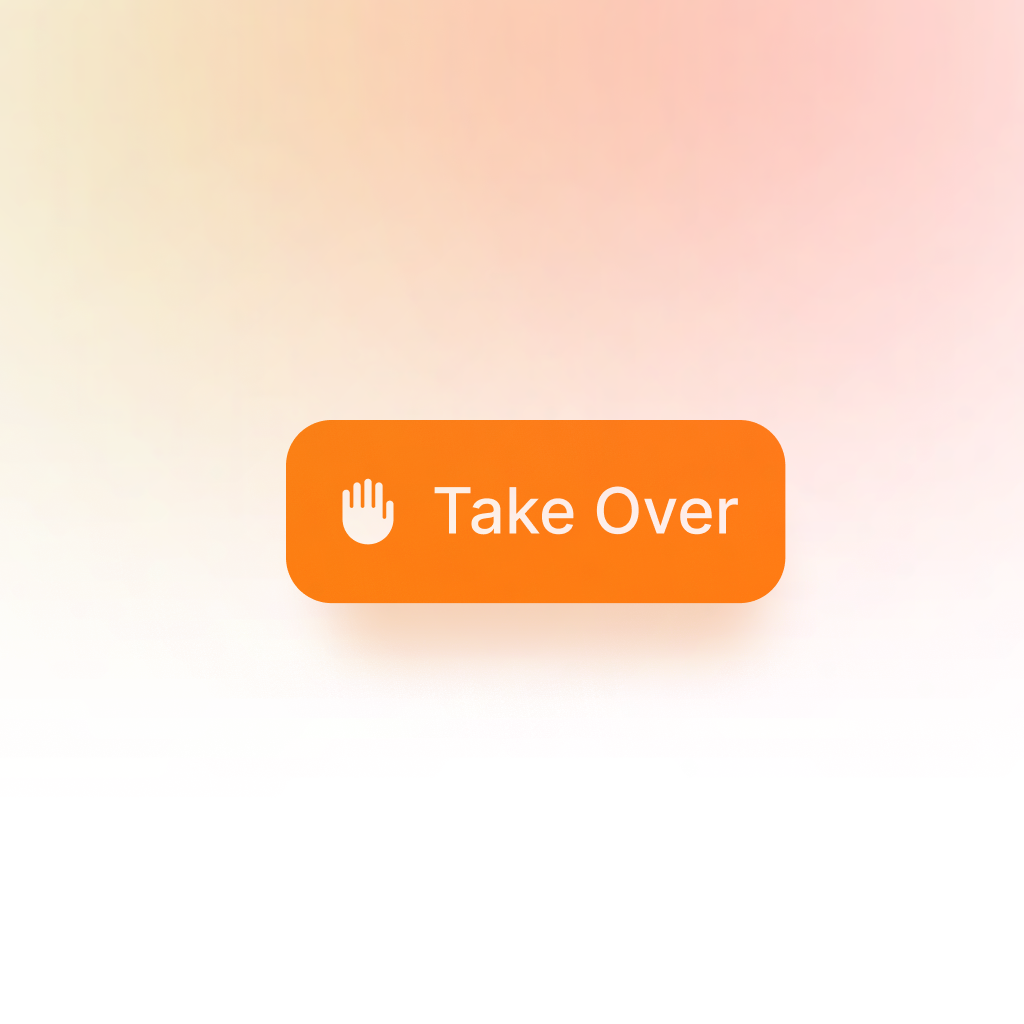 An orange rounded button with a white hand icon and the text "Take Over" from Invent's Assistants displayed on a soft peach gradient background.