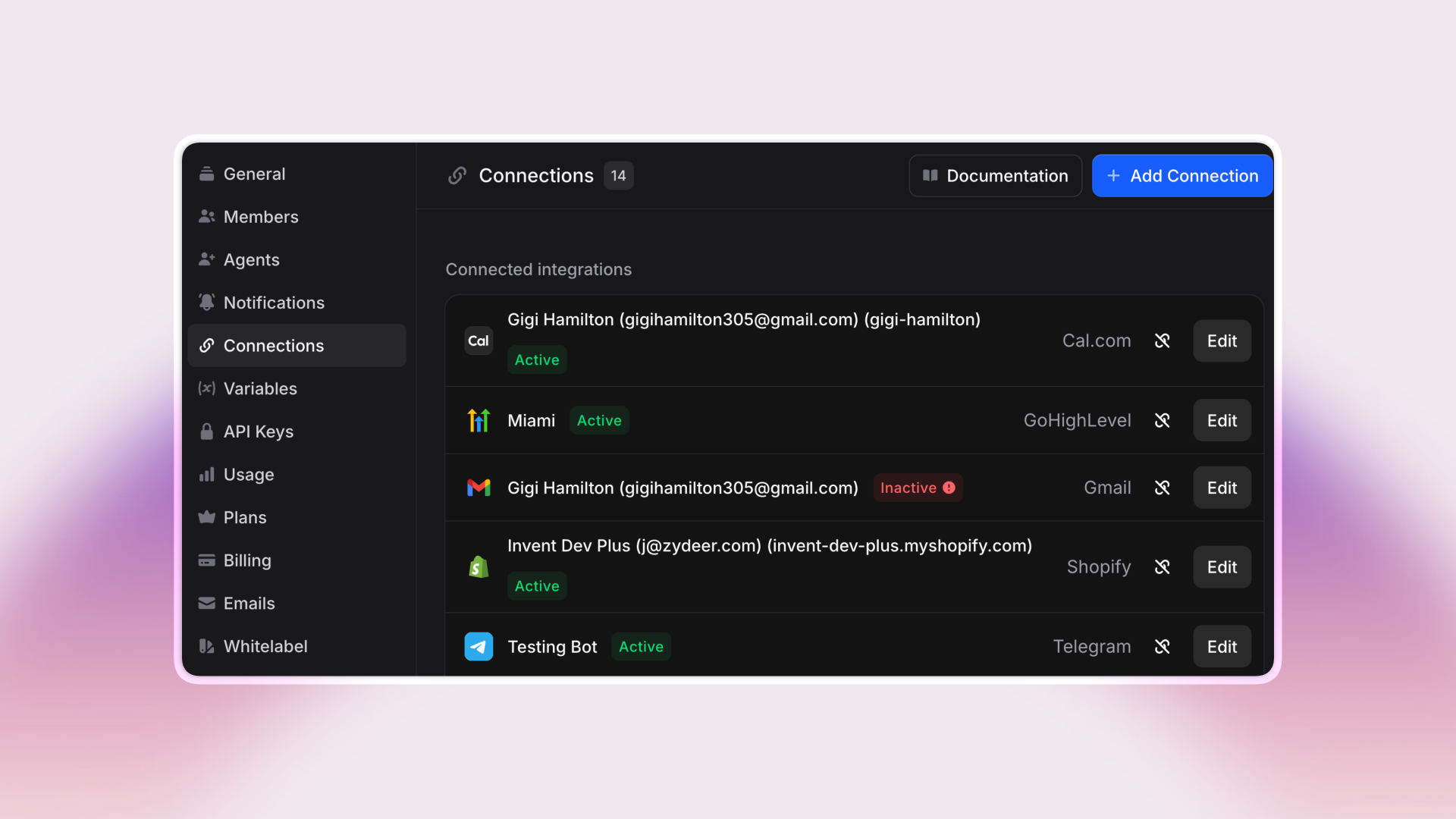 A redesigned “Connections” settings panel in Invent displays connected integrations in a clear, organized list. Integrations like Cal.com, GoHighLevel, Gmail, Shopify, and Telegram show statuses (Active or Inactive), associated accounts/emails, and an “Edit” button for each connection. The left navigation highlights the Connections tab, and there are prominent buttons for adding new connections or viewing documentation. The UI has a dark theme with color-coded statuses and a modern layout.