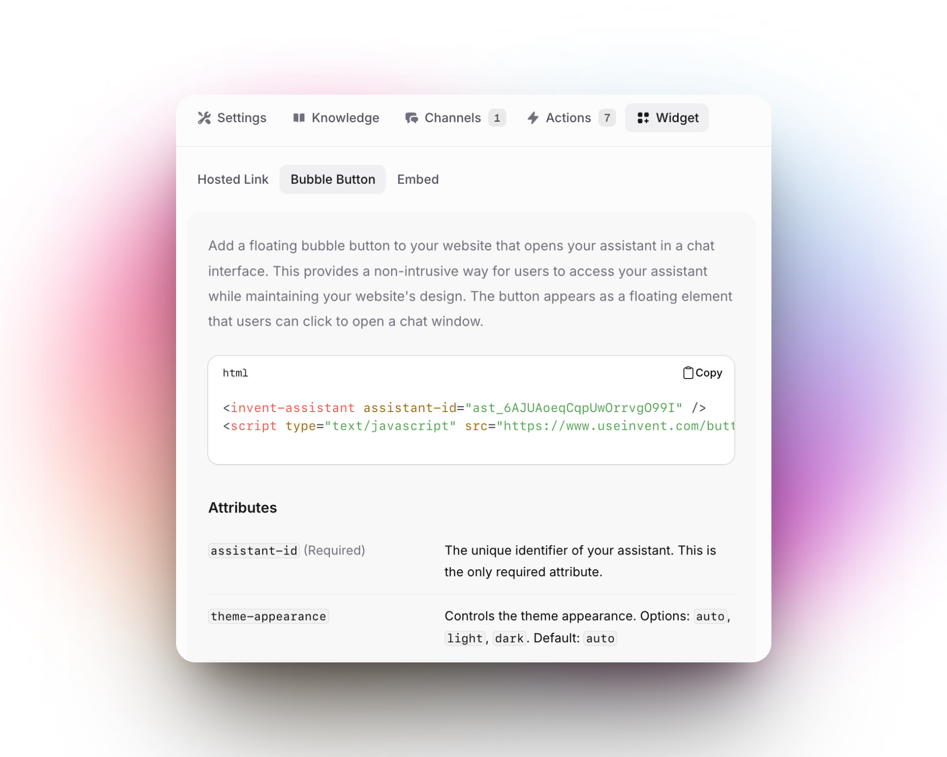 The "Widget" tab with the "Bubble Button" option selected. Instructions are shown for adding a floating chat bubble to a website, allowing users to open a chat assistant. Example HTML code is provided, along with explanations for attributes like assistant-id and theme-appearance.