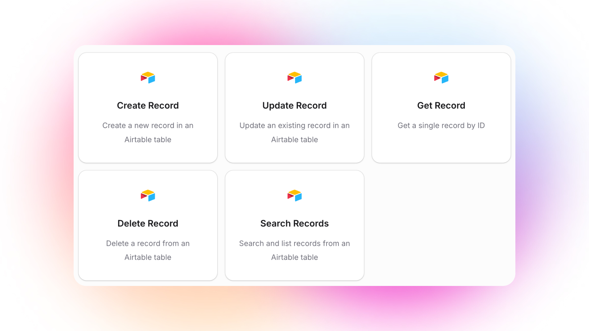 A 2x3 grid layout of five feature cards for Airtable integration. Each card displays the Airtable logo at the top, a feature title in bold, and a short description:  Create Record: Create a new record in an Airtable table. Update Record: Update an existing record in an Airtable table. Get Record: Get a single record by ID. Delete Record: Delete a record from an Airtable table. Search Records: Search and list records from an Airtable table.