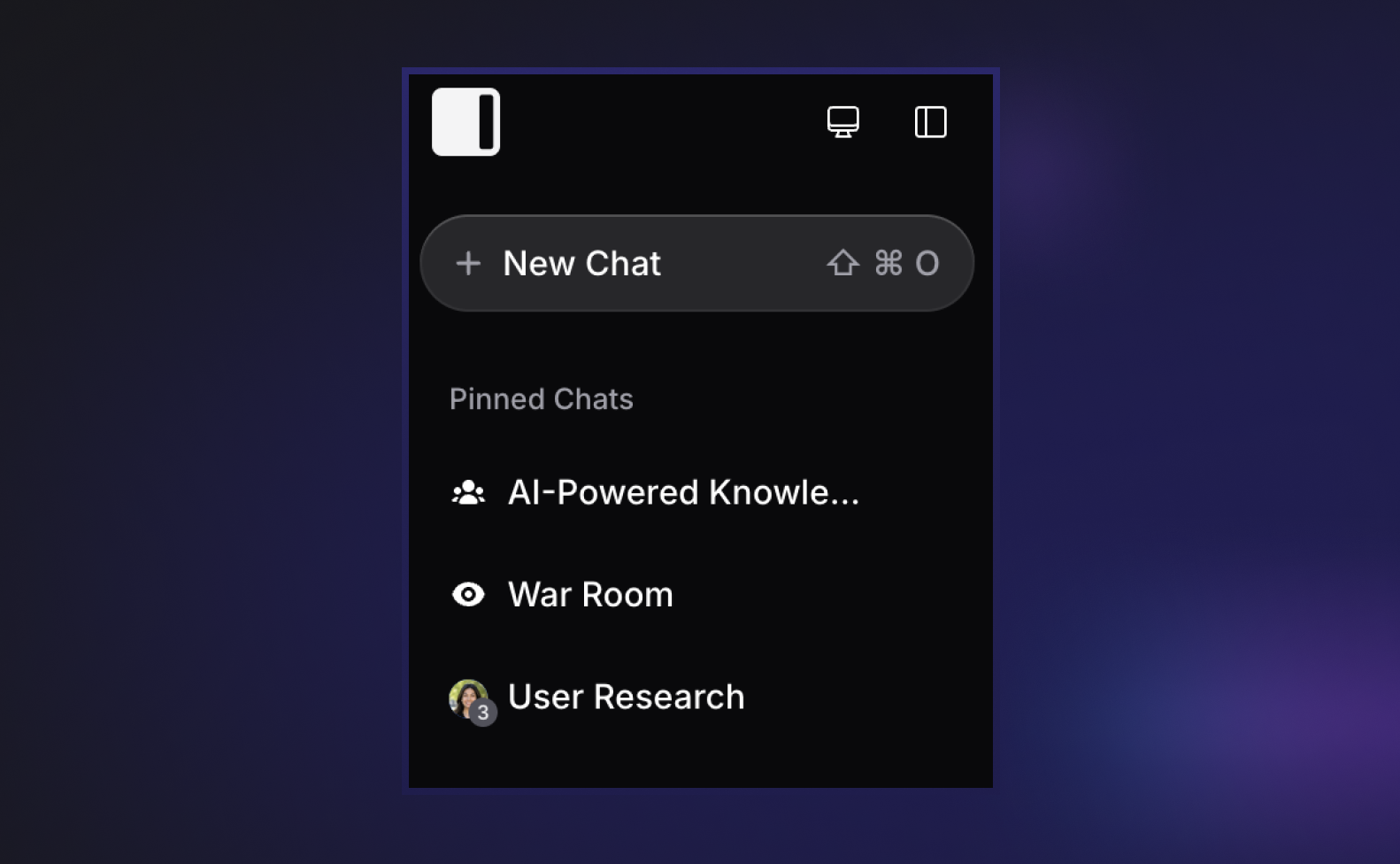 A dark chat sidebar titled "New Chat" shows a list of pinned collaborative chats, including "AI-Powered Knowledge," "War Room," and "User Research." Some chat names have group or user icons, indicating multiple participants. The interface is about Invent real-time collaboration, chat pinning, and group chat organization features for teamwork. The background is a soft, dark gradient.