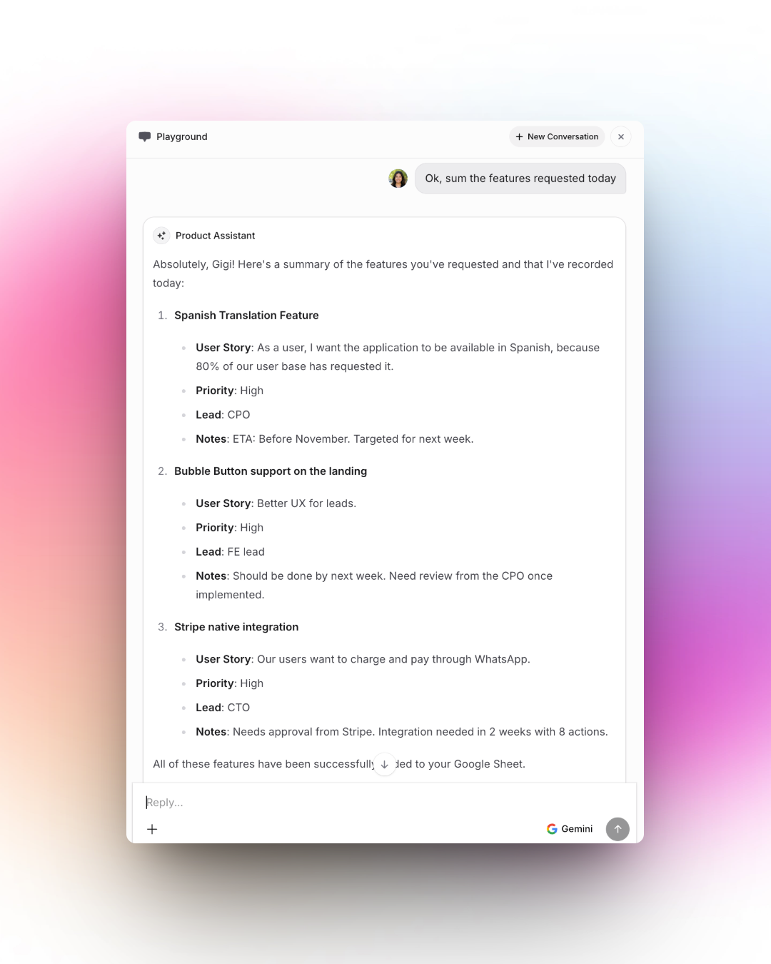 Screenshot of the Invent Playground chat interface showing a summary of features requested today, including feature name, user story, priority, lead, and notes (like ETA and review requirements).