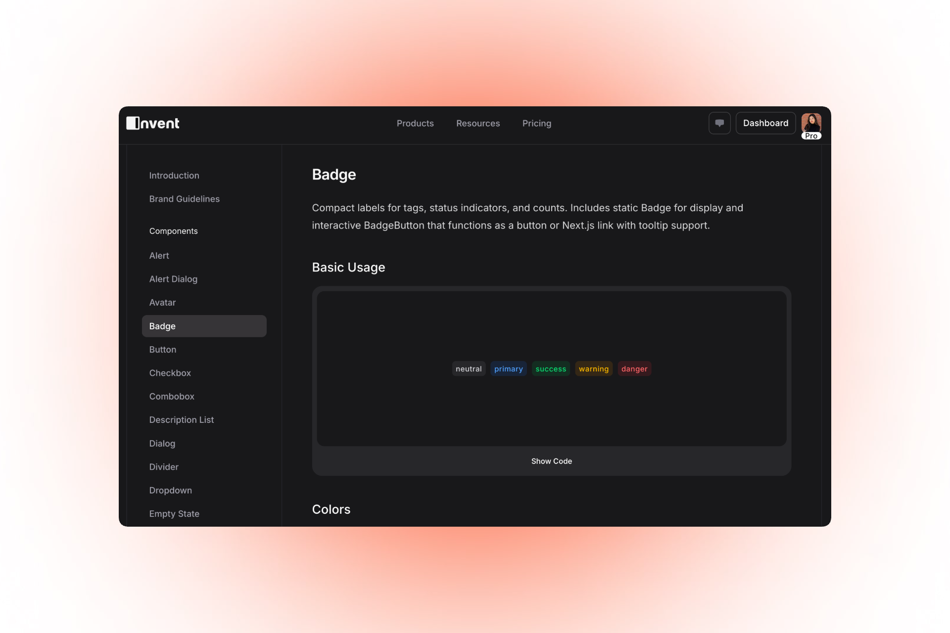 Invent documentation page showing the Badge component, with a sidebar listing UI components and a main panel describing badges as compact labels for tags, status indicators, and counts, along with a Basic Usage preview of neutral, primary, success, warning, and danger badges.