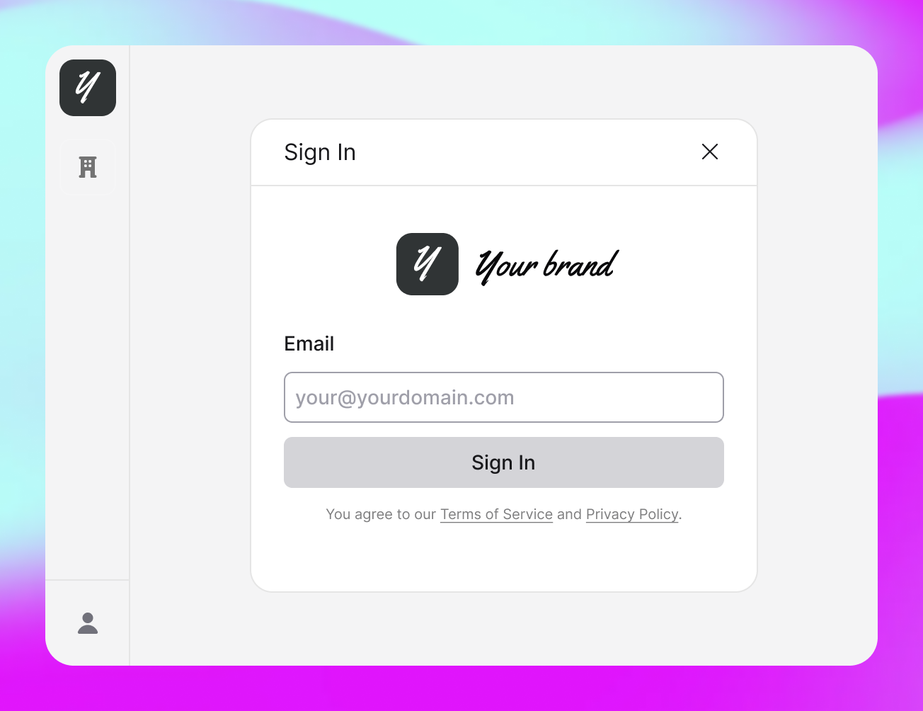 Uma tela de login com o logotipo “Sua marca” e campo de e-mail, exibida em uma interface de dashboard limpa. O e-mail de exemplo usa um domínio personalizado. O plano de fundo traz um gradiente azul e magenta, reforçando a aparência e a experiência totalmente personalizadas de white label.