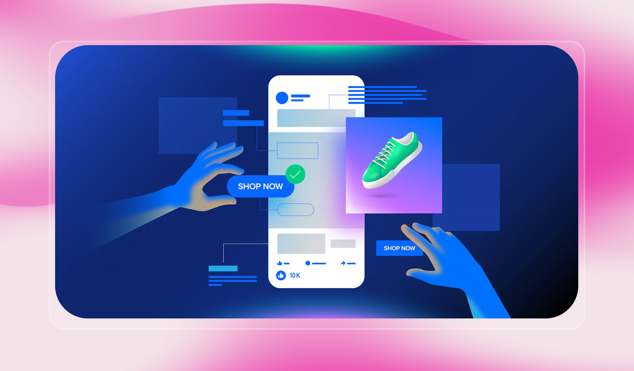 A futuristic illustration featuring two blue hands interacting with a stylized, floating mobile app UI. The hands press “Shop Now” buttons, and a bright green sneaker hovers in focus, suggesting a product spotlight. The interface is filled with abstract rectangles, social buttons (like, comment, share), and glowing gradients in blue, pink, and purple. The overall vibe is energetic and modern, representing seamless digital shopping or AI-driven commerce experiences.