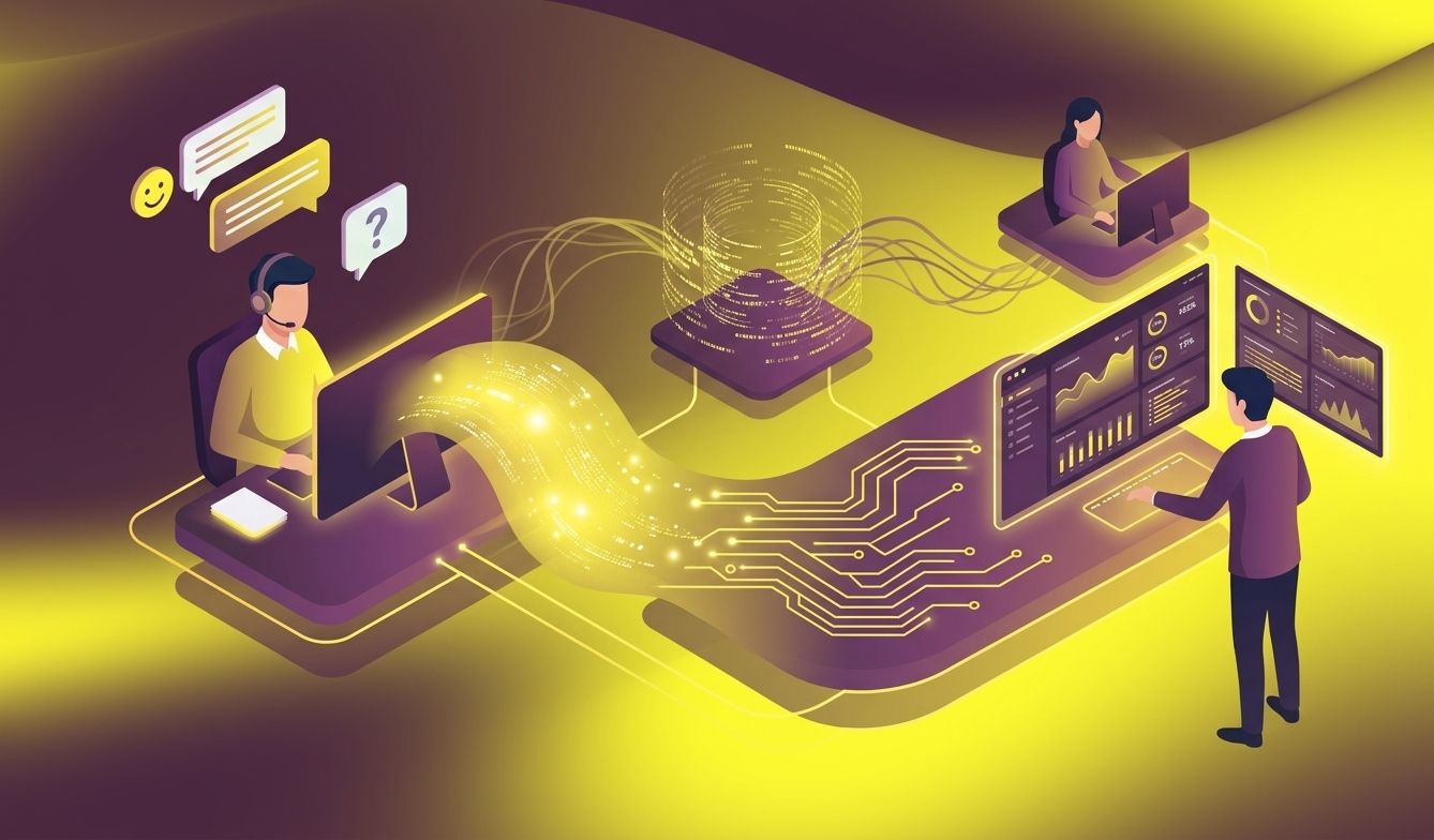A vibrant, futuristic illustration shows multiple people collaborating through technology. On the left, a support agent with a headset interacts at a computer with floating chat bubbles (including a smile and a question mark). In the center, glowing digital circuit lines and a swirling data hub connect the agent, a data analyst viewing charts on giant dashboards, and another remote worker at a laptop. The color palette is a striking mix of yellow and purple, emphasizing flow and intelligent connectivity in a multiplayer, AI-enhanced environment.