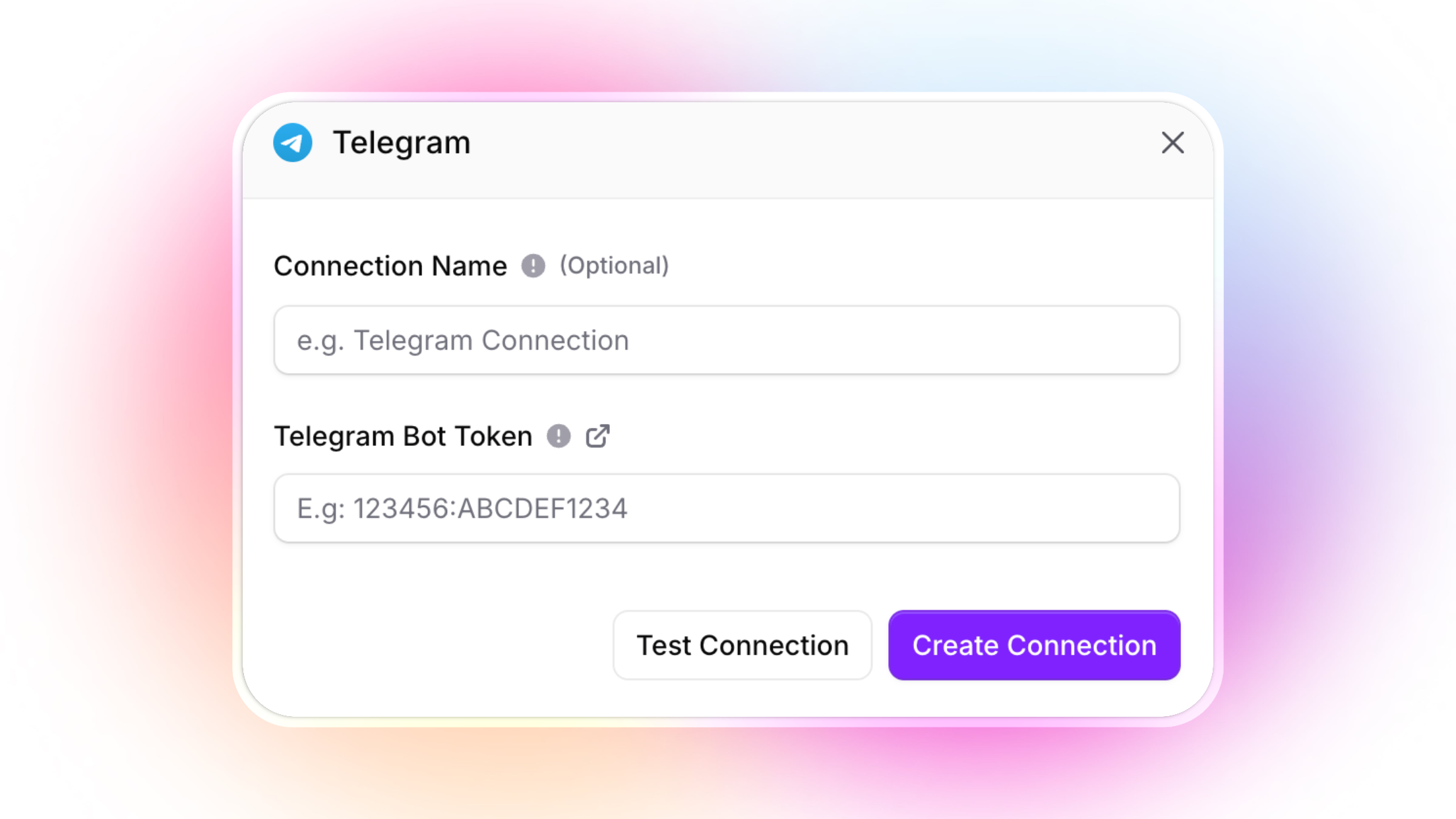 Screenshot of the Invent Assistants interface for connecting Telegram. Fields are available to enter an optional connection name and a required Telegram Bot Token. Two buttons at the bottom let users "Test Connection" or "Create Connection." The layout is clean, with a Telegram logo, helpful tooltips, and example placeholder text in the input fields.