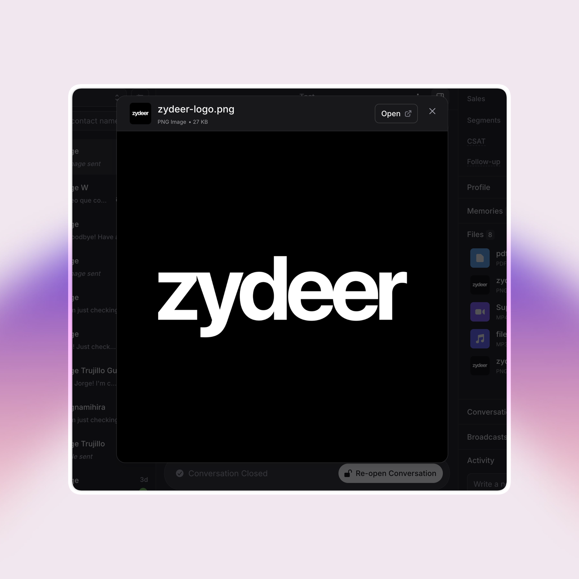 A file preview window in Invent displays the image "zydeer-logo.png" (PNG, 27 KB). The logo is centered in the preview, featuring the word "zydeer" in bold, modern white font on a solid black background. File details appear at the top with options to open the file externally.