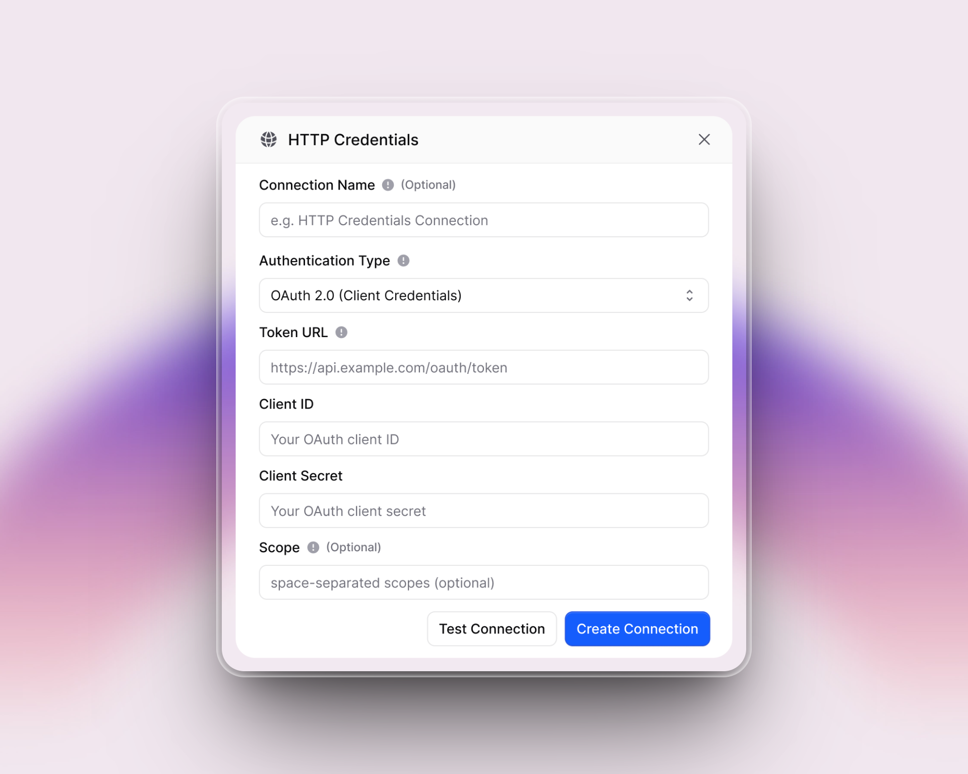 A modal window labeled “HTTP Credentials” shows a form for creating a secure connection via OAuth 2.0 (Client Credentials) in Invent. Fields include Connection Name (optional), Authentication Type (OAuth 2.0), Token URL, Client ID, Client Secret, and Scope. The UI is modern with a soft pink and purple background fade.