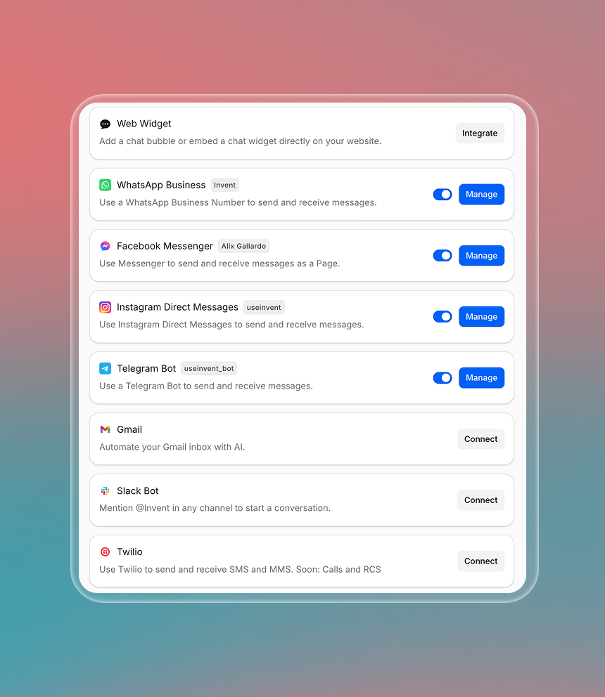 Dashboard screenshot showing messaging channel integrations: toggles and management options for Web Widget, WhatsApp, Messenger, Instagram, Telegram, Gmail, Slack, and Twilio. “Manage” buttons and on/off toggles are visible, set against a soft coral-to-teal gradient background. The interface is clean and user-friendly.