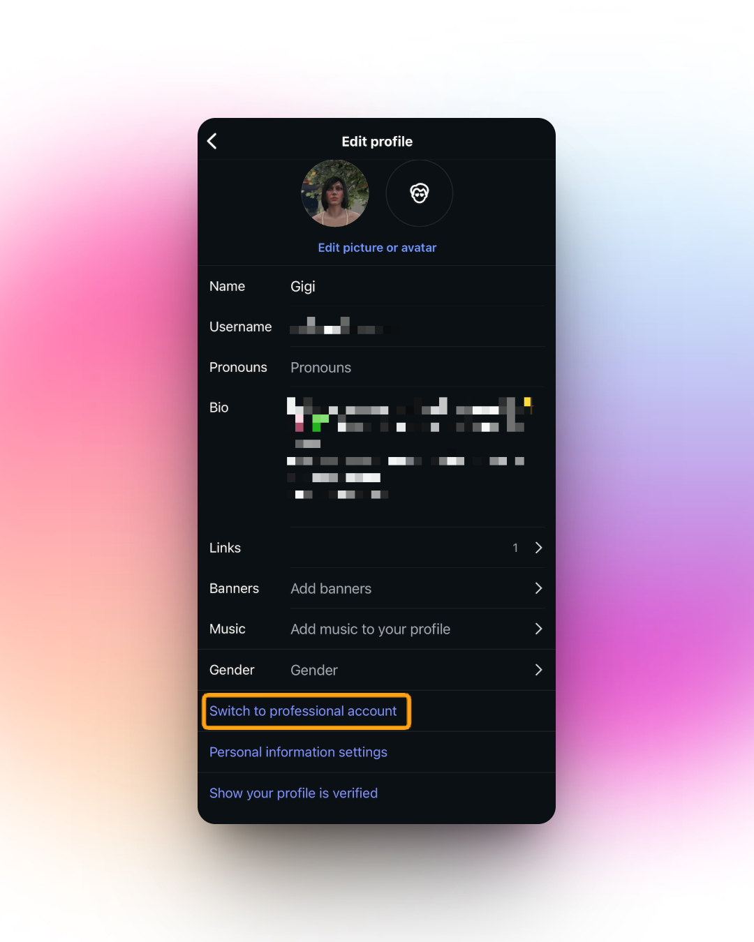 Screenshot of the Instagram "Edit profile" screen on a mobile device. The profile picture is displayed at the top, along with fields for name, username, pronouns, and bio. Additional options include adding links, banners, music, and gender. Near the bottom, a highlighted button reads "Switch to professional account." The interface is dark-themed with text and options arranged vertically.