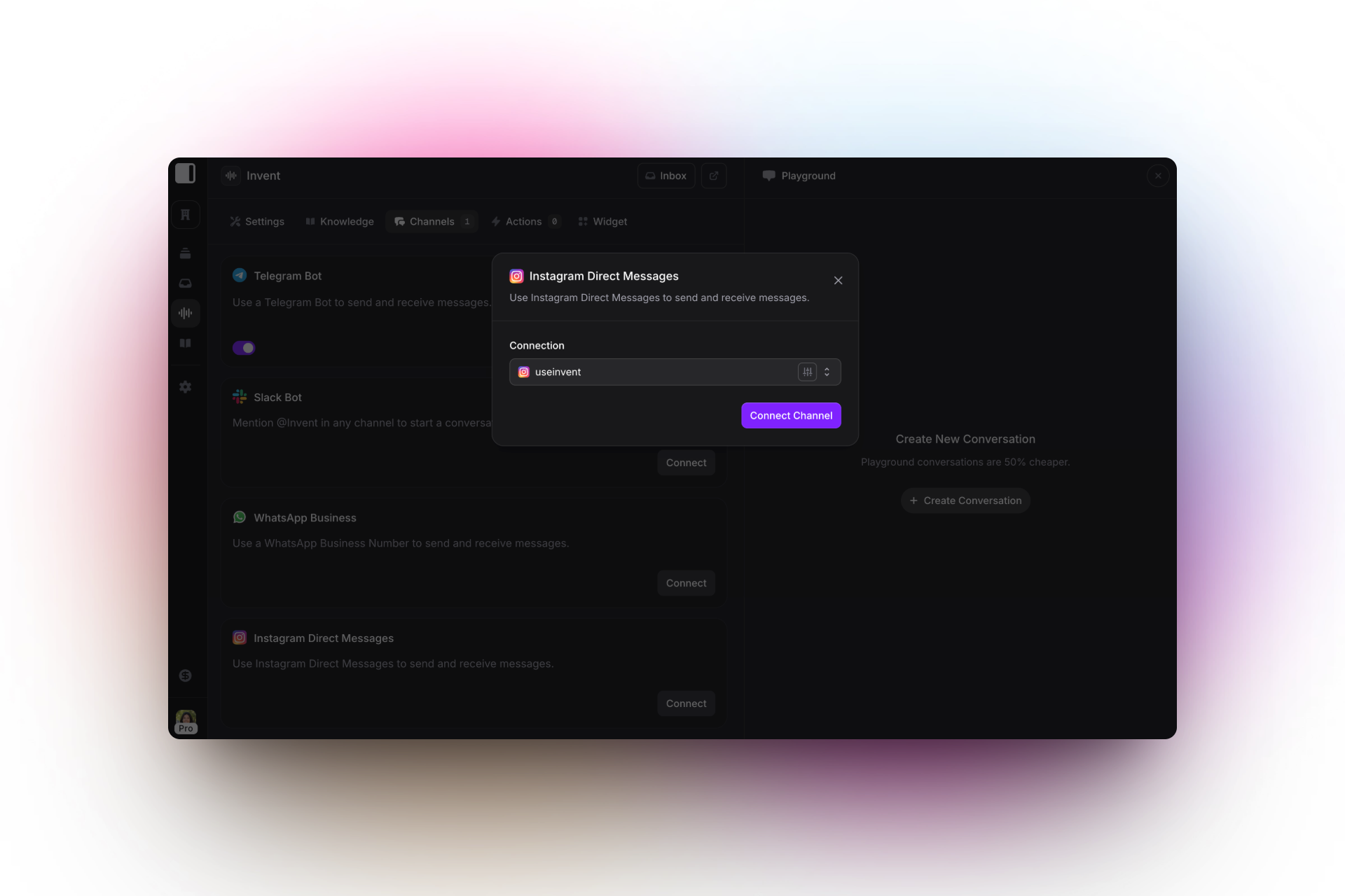 Screenshot of the Invent platform’s channel integration settings. A popup labeled "Instagram Direct Messages" is displayed, allowing you to use Instagram DMs to send and receive messages. The "Connection" dropdown shows an Instagram account named "useinvent" selected. A prominent purple button at the bottom right reads "Connect Channel." The background displays other integration options like Telegram Bot, Slack Bot, and WhatsApp Business, in a dark-themed interface.