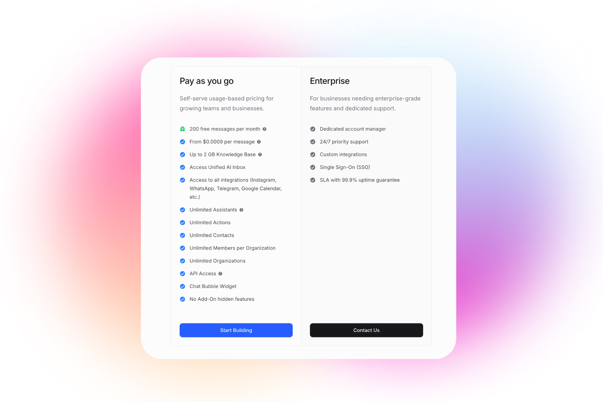 Invent pricing plans showing Pay as you go model with 200 free messages monthly and Enterprise tier with dedicated account manager and priority support