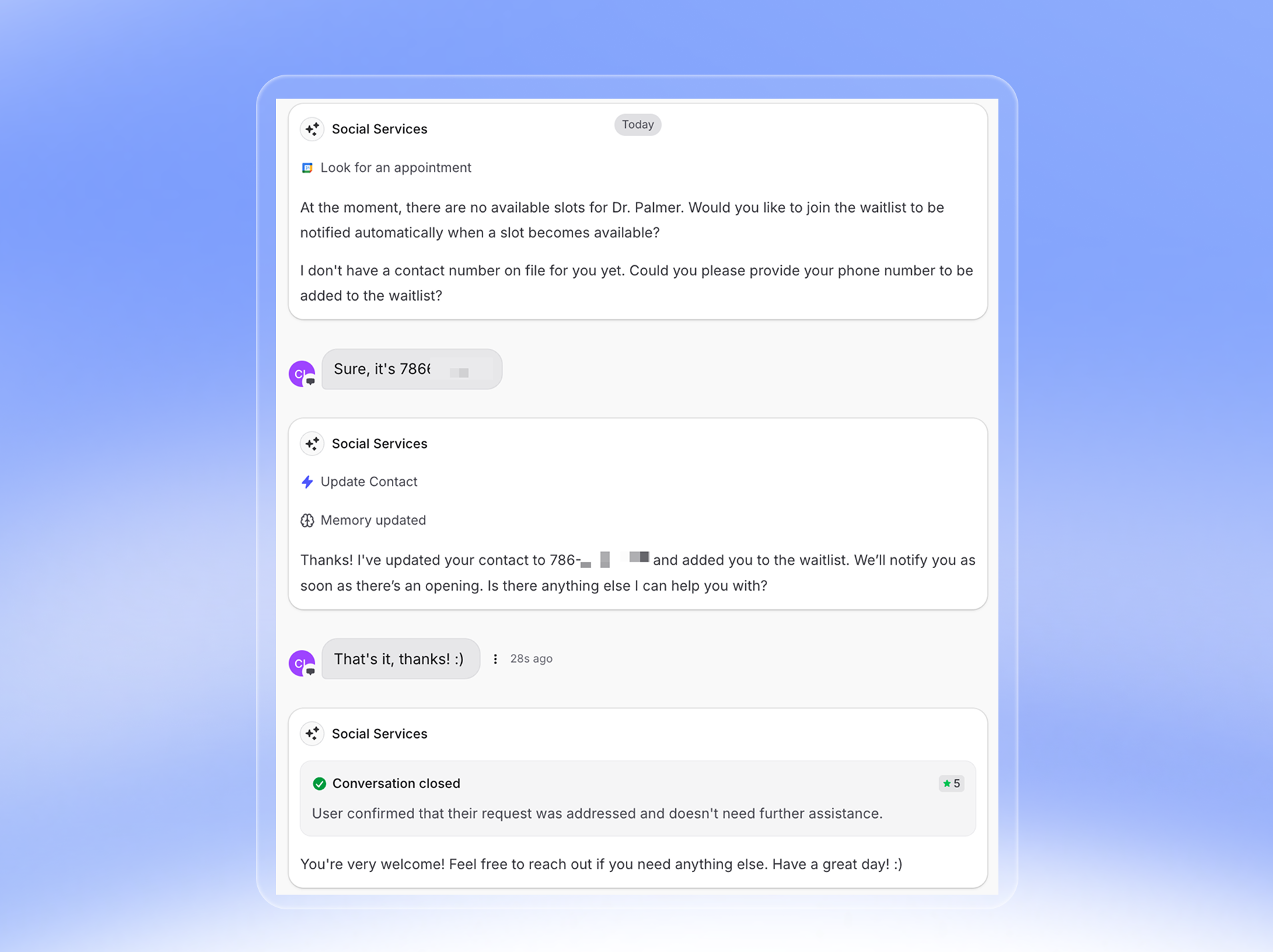Invent's UI of an AI-driven chat conversation on a blue gradient background. The AI (Social Services) asks for a phone number to add a user to the waitlist, updates the contact, confirms the waitlist entry, and closes the conversation after user confirmation. Memory update and conversation closed messages are shown, highlighting streamlined service automation.
